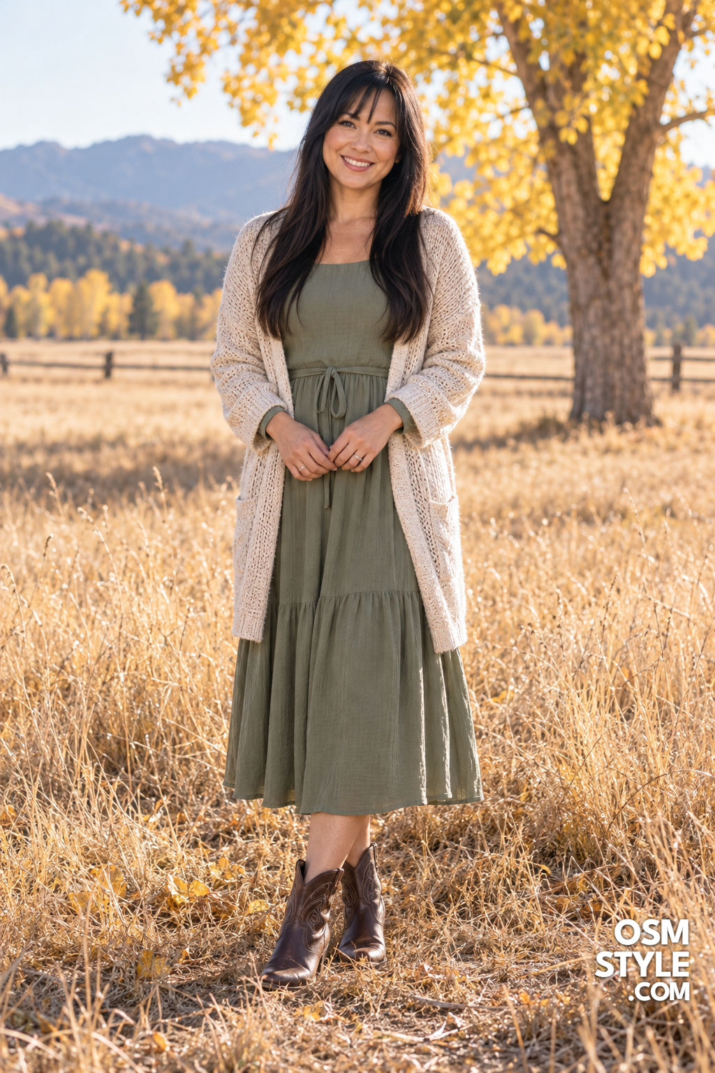 14.Sage Green Midi Dress With Oatmeal Cardigan
