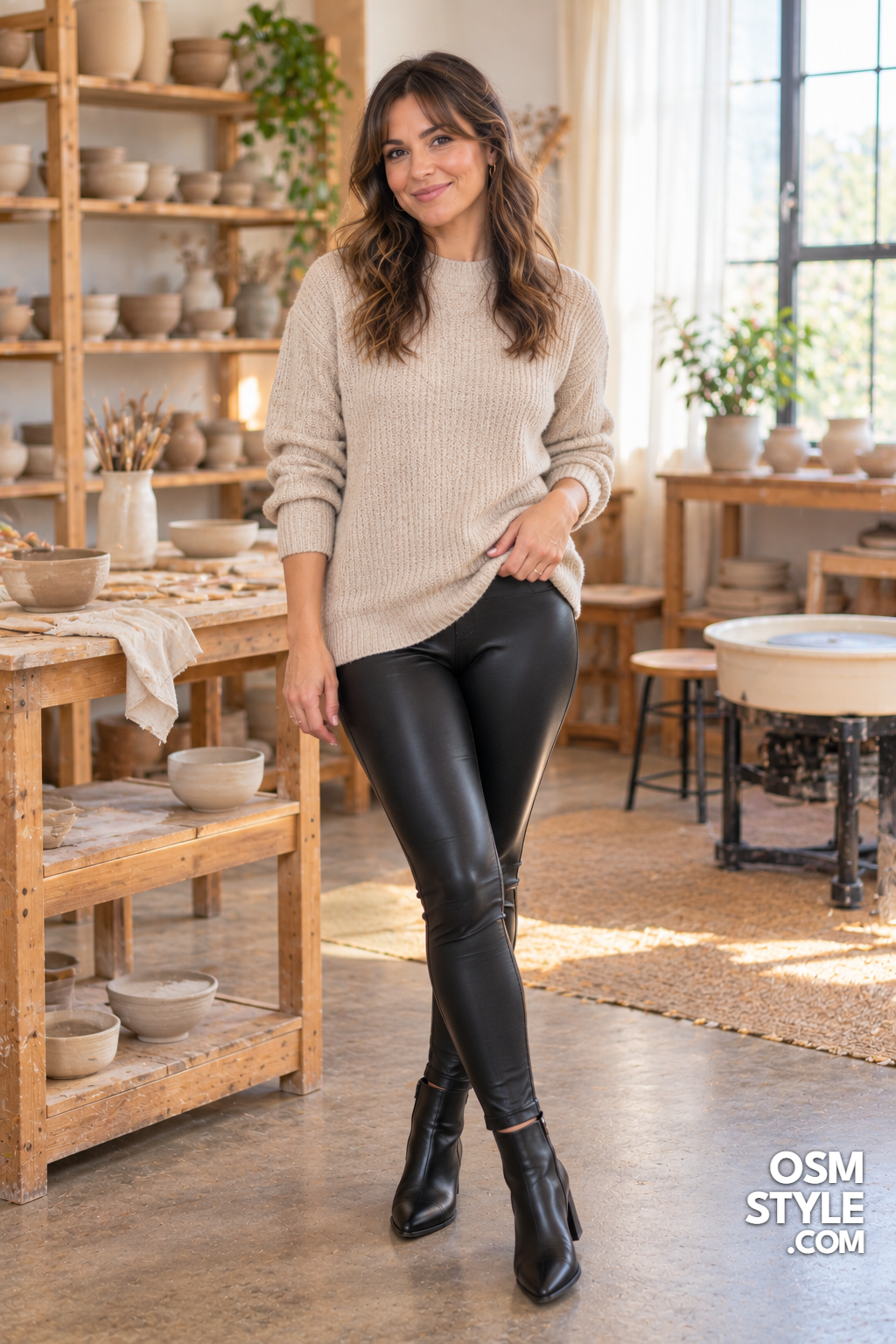 15. Faux Leather Leggings and Oatmeal Knit