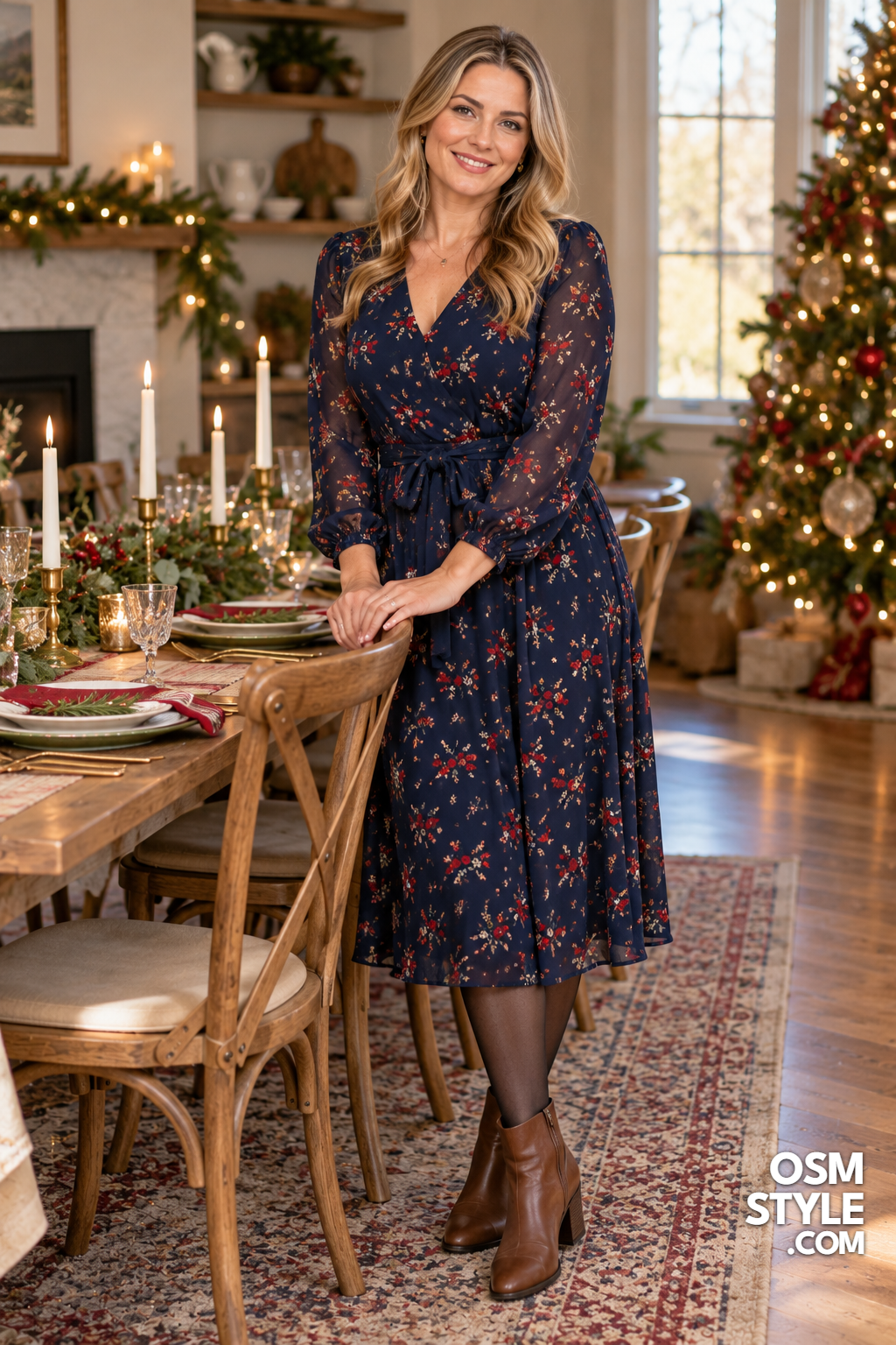 15. Navy Floral Midi With Brown Boots