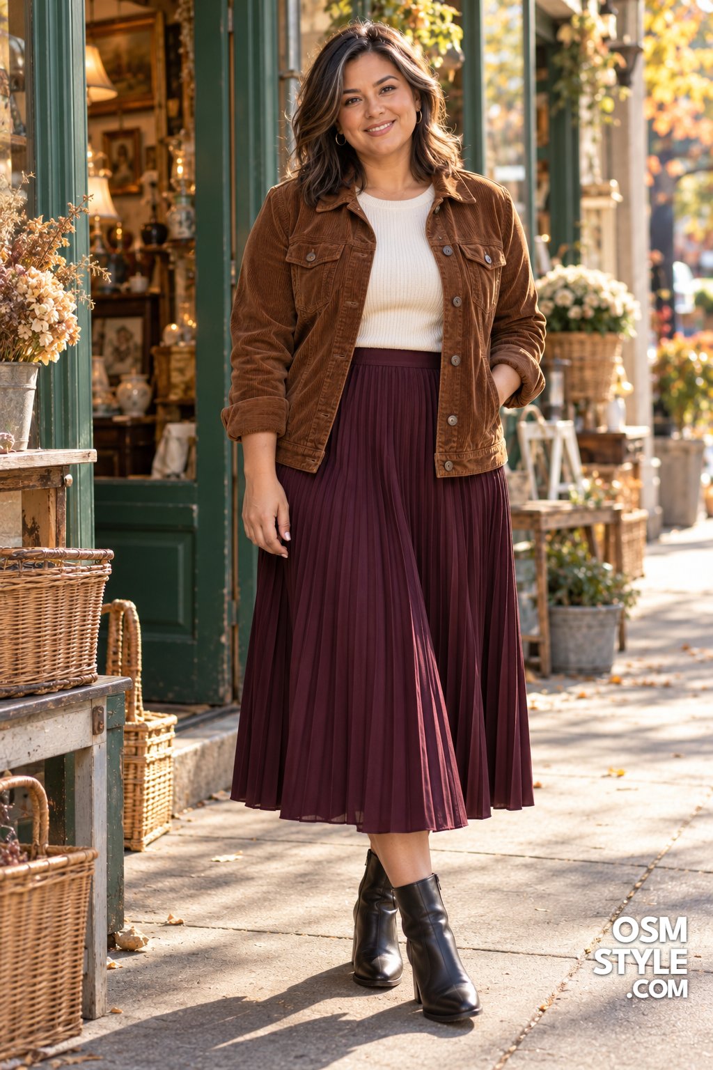 15. Brown Corduroy Jacket Over Pleated Skirt