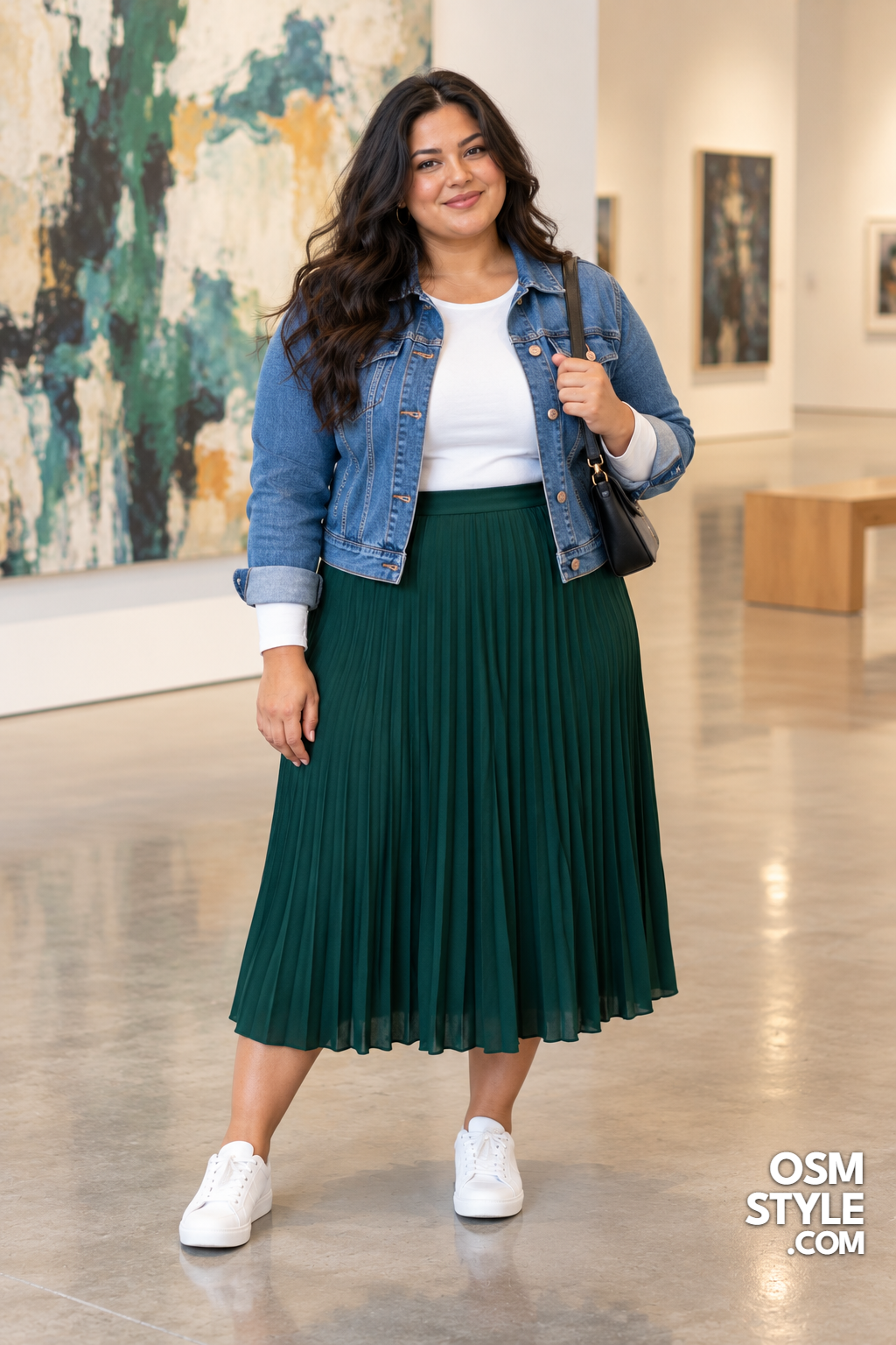 15. Emerald Pleated Skirt With Denim Jacket