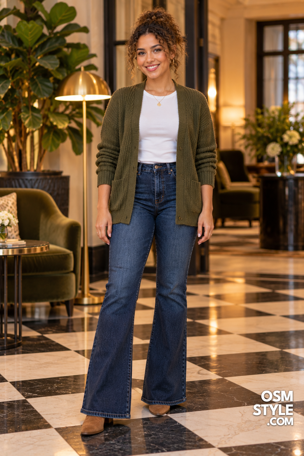 15. Flared Jeans With An Olive Cardigan