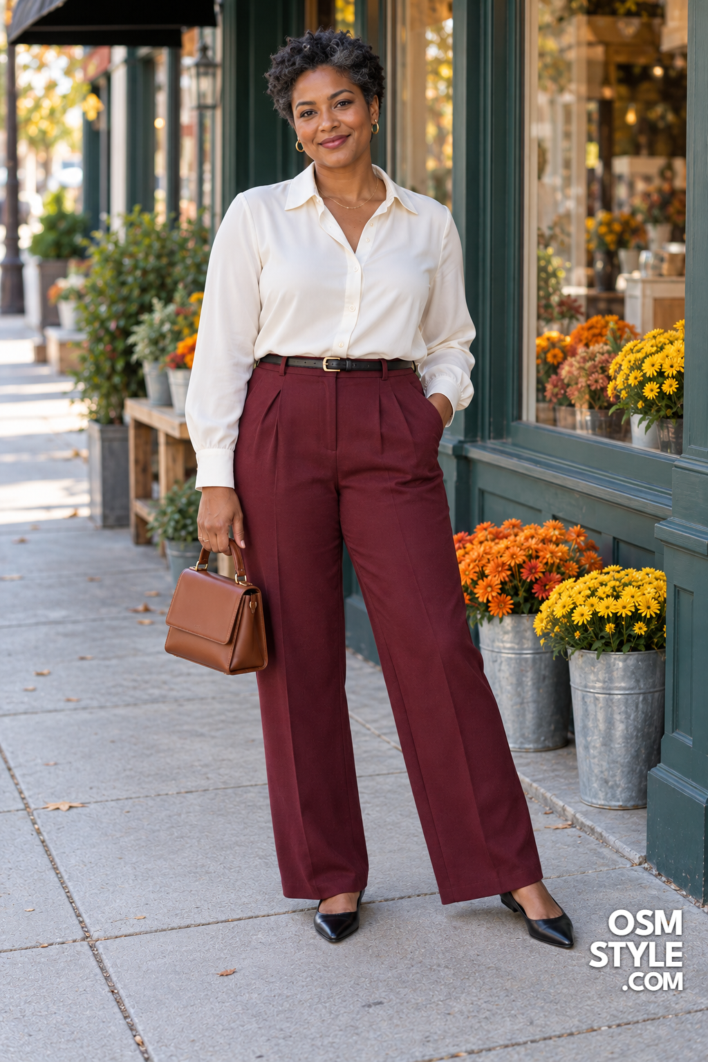 15. Pleated Trousers With a Cream Blouse