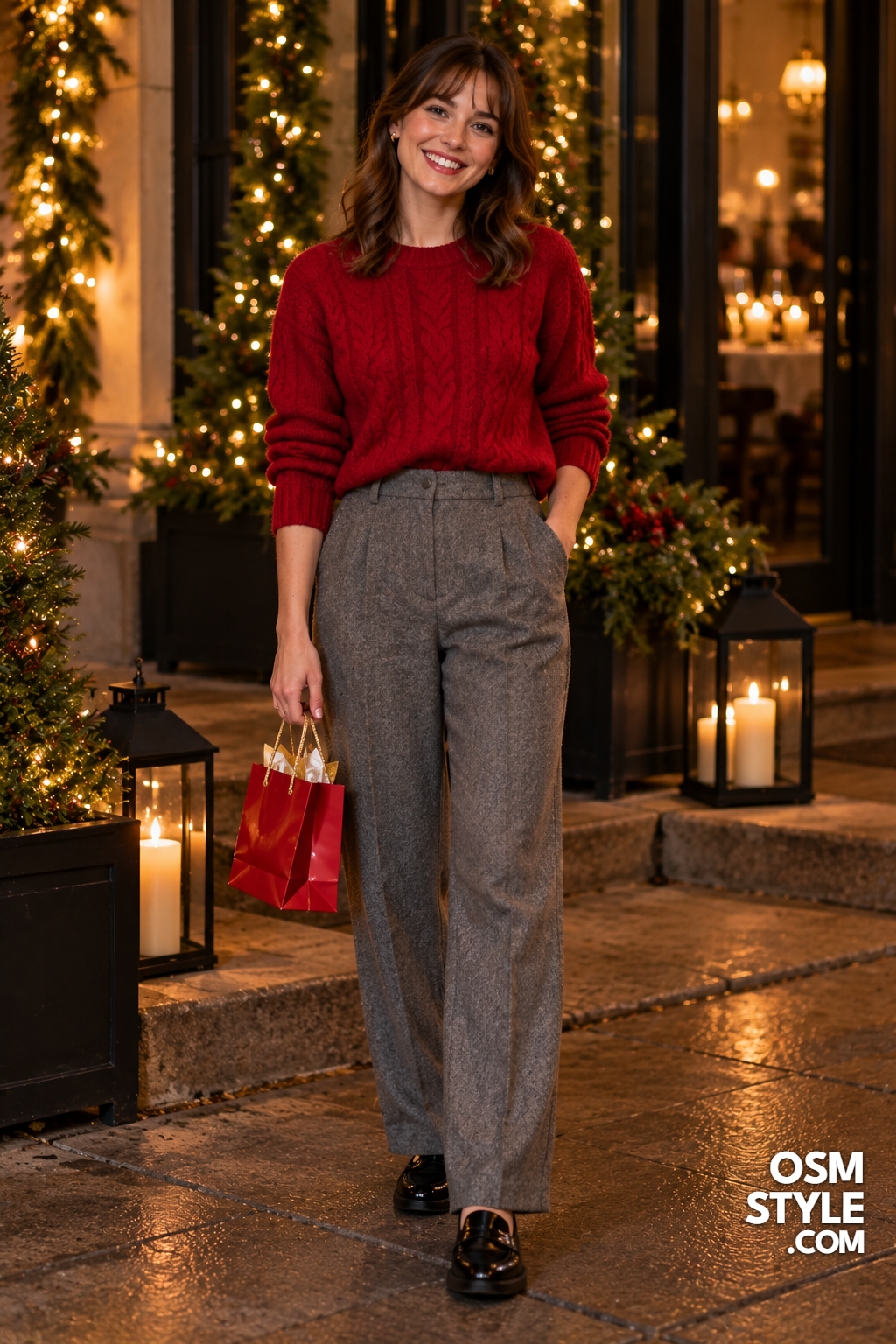 15. Red Cable Knit And Gray Wool Trousers