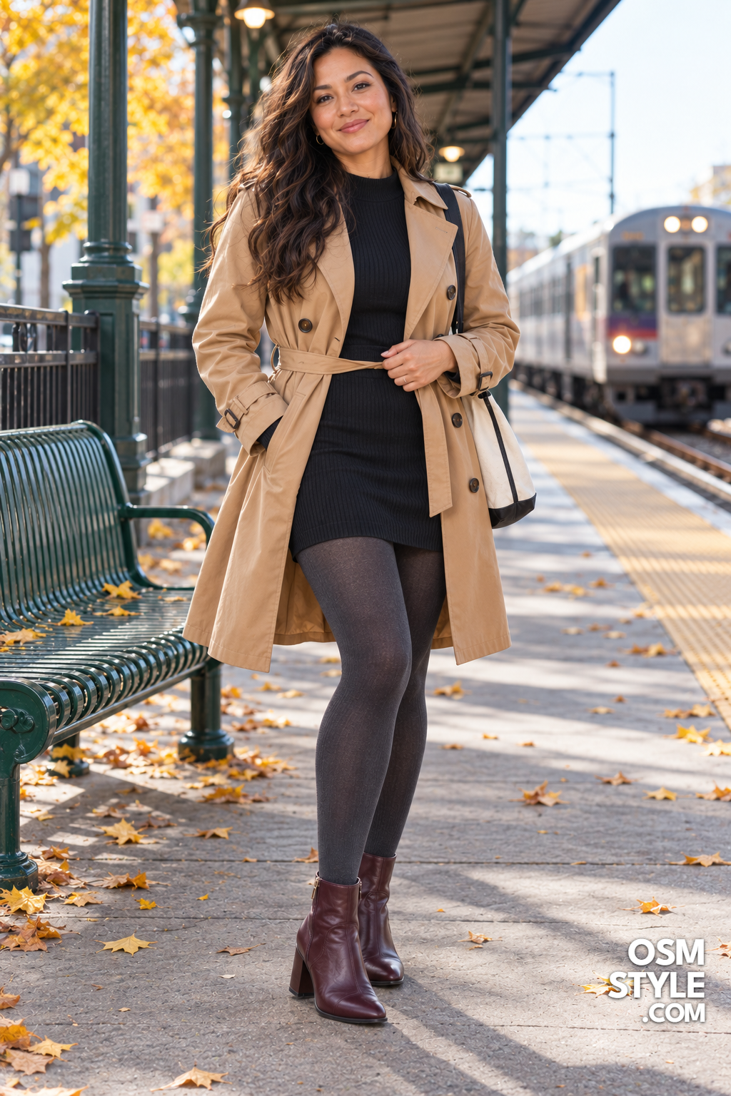 15. Tan Trench Coat Over a Black Mini