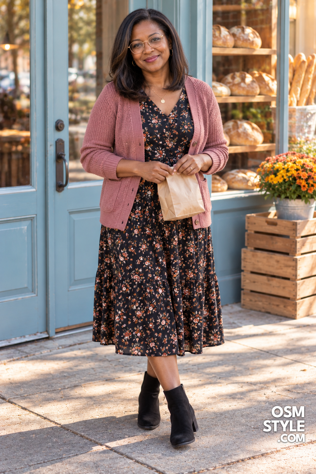 15.Floral Midi Dress and Dusty Rose Cardigan