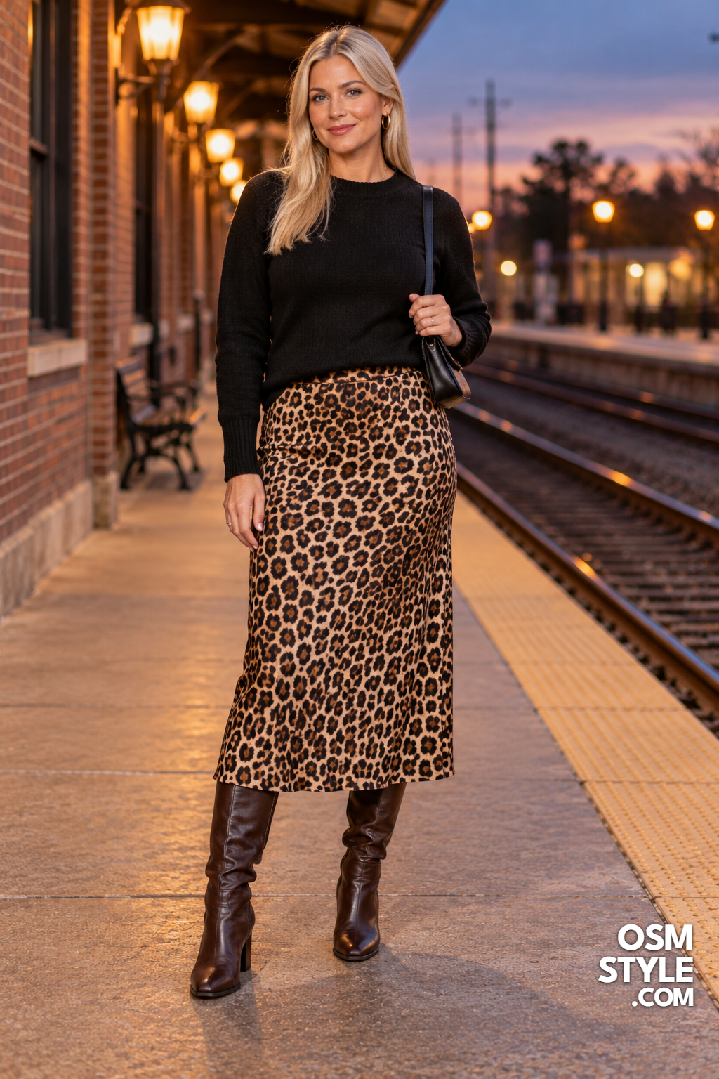 15.Leopard Midi Skirt and Black Sweater