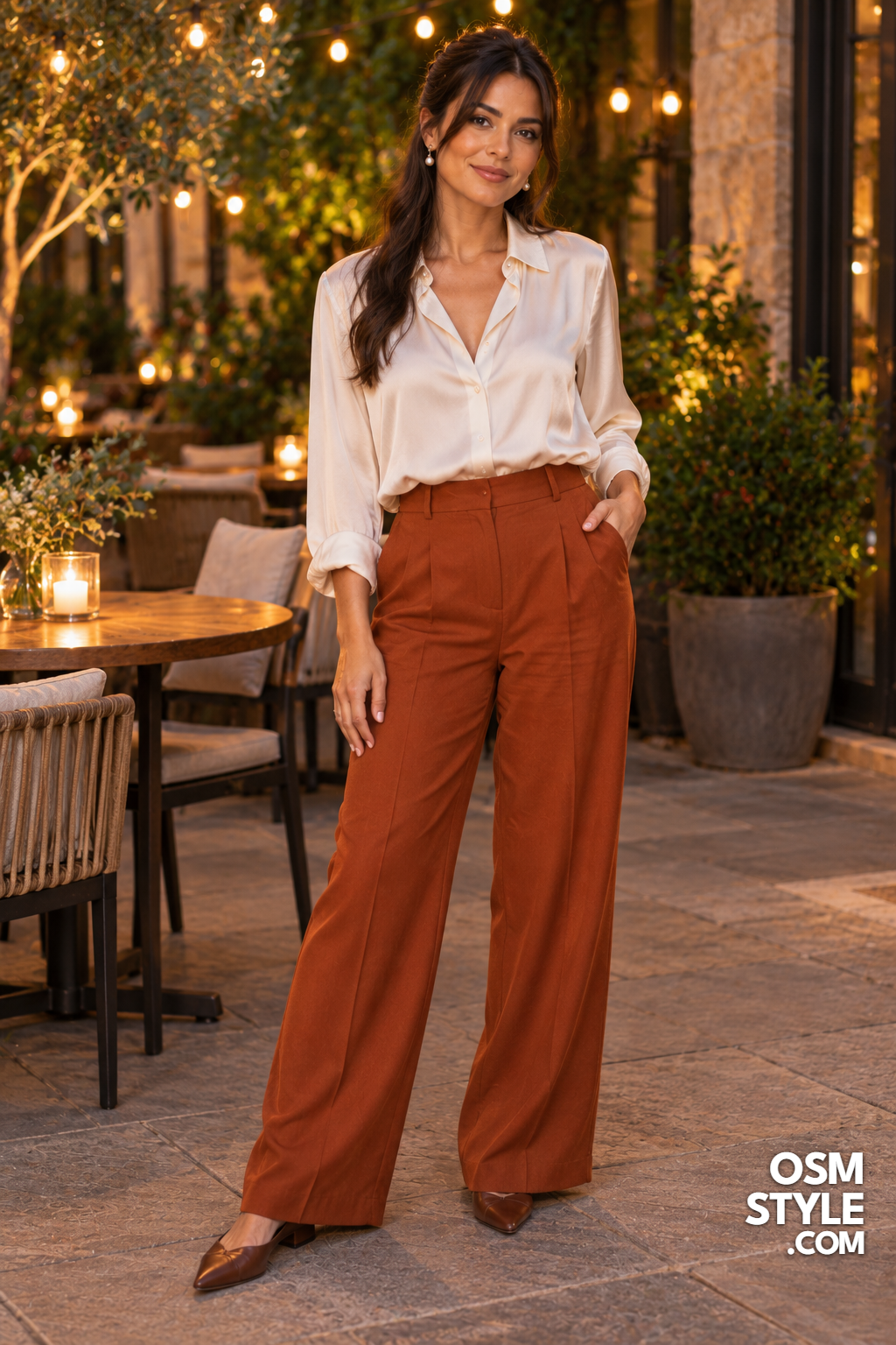 15.Rust Trousers and Ivory Silk Blouse