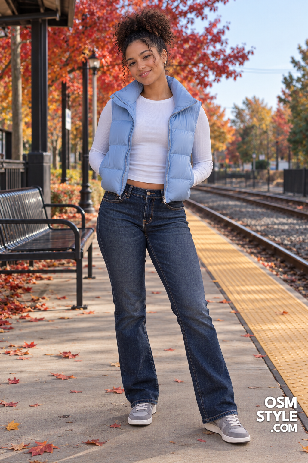 16. Baby Blue Puffer Vest Over Long Sleeve Tee