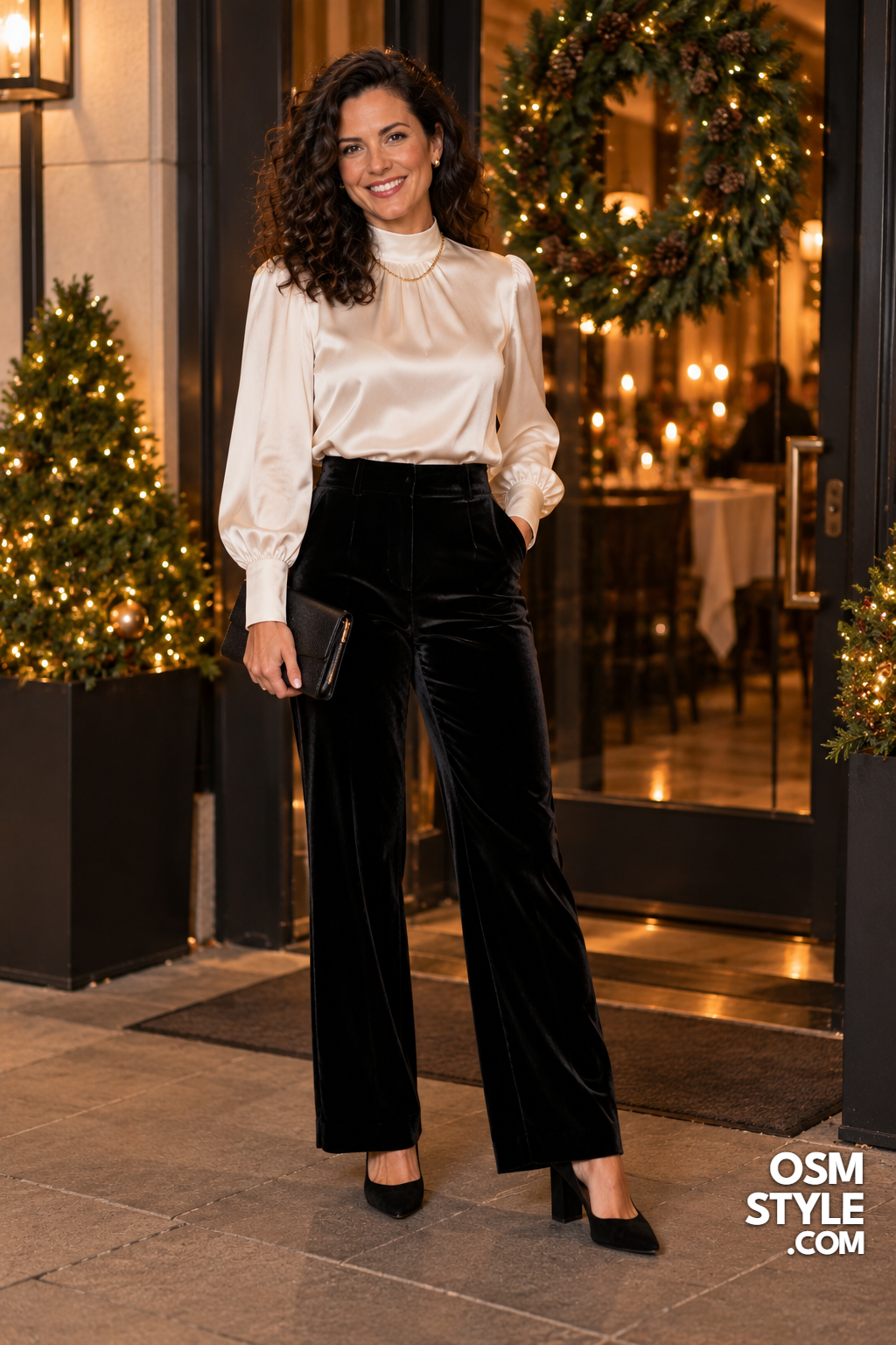 16. Black Velvet Pants And Ivory Silk Blouse