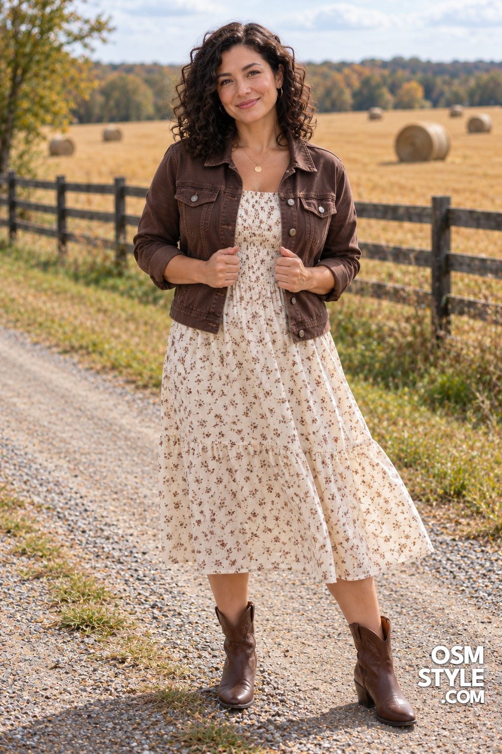 16. Brown Denim Jacket Over Cream Dress