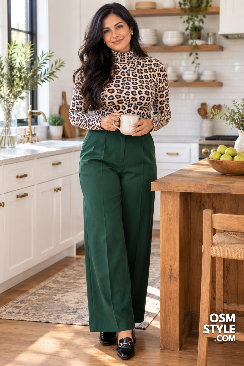 16. Forest Green Trousers and a Leopard Mock Neck