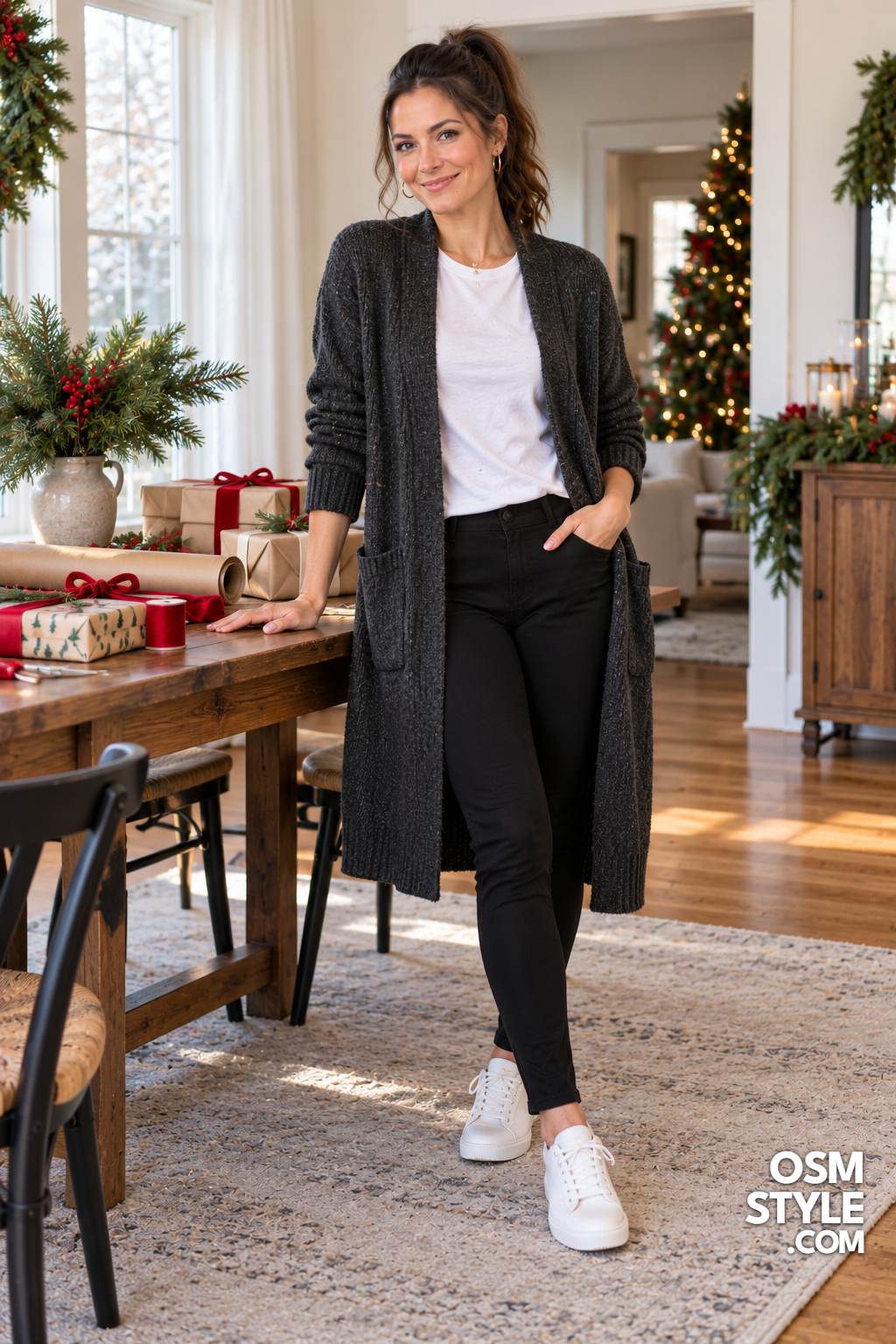 16. Gift Wrapping Day In A Long Charcoal Cardigan