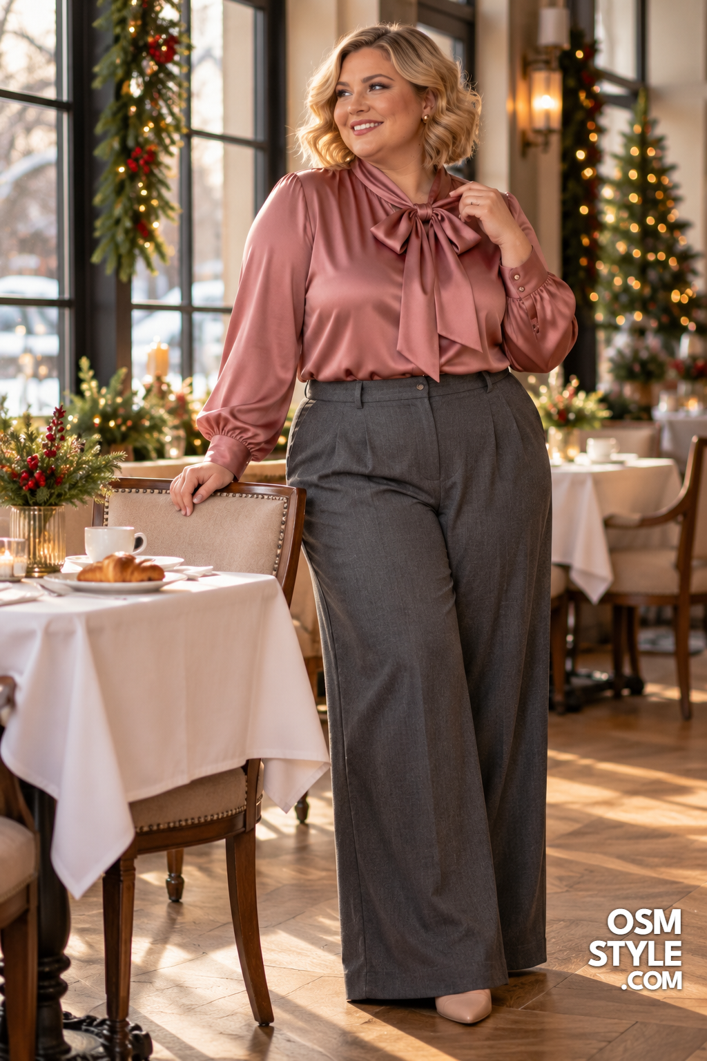 16. Satin Bow Blouse with Wide Leg Trousers