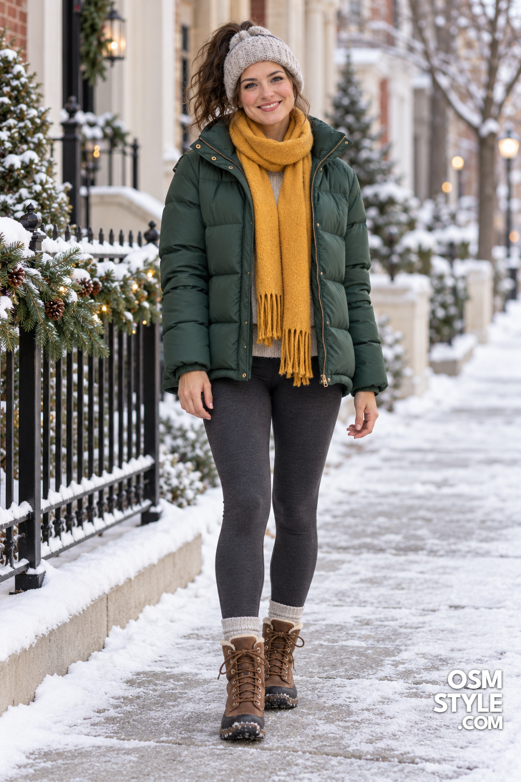 16. Snowy Street Walk In A Green Puffer