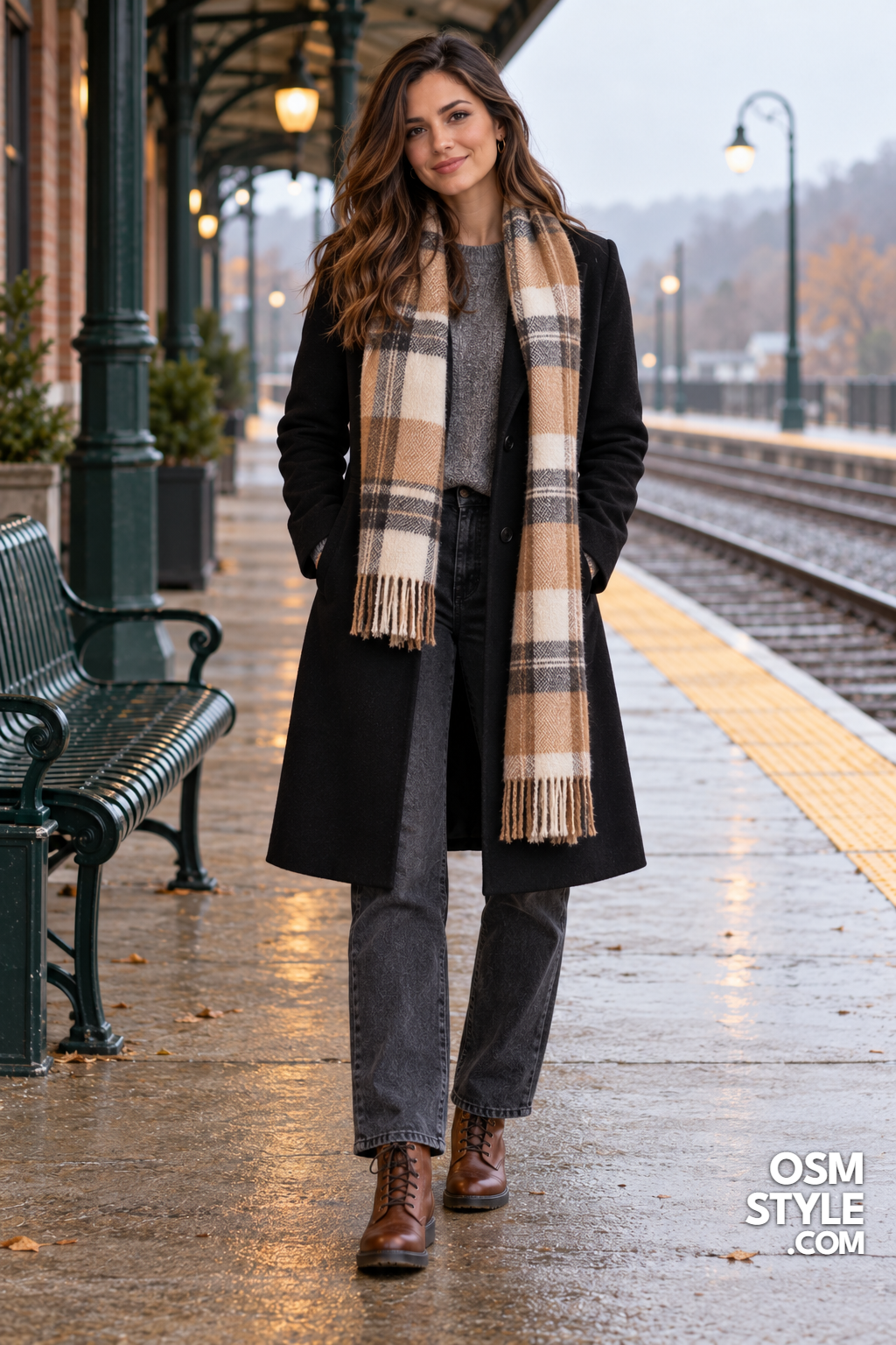 16.Black Coat and Plaid Scarf Combo