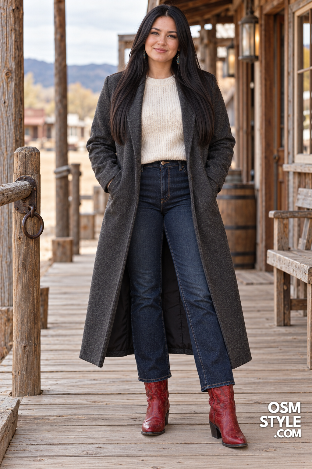 16.Charcoal Duster Coat With Red Boots