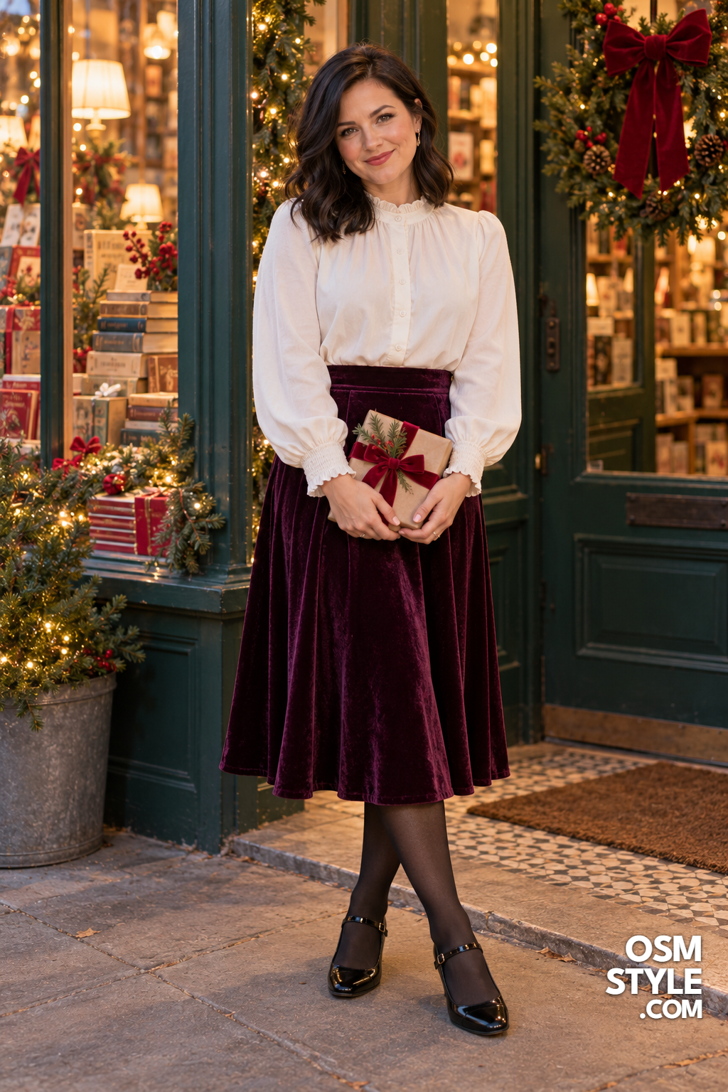 16.Plum Velvet Skirt With Cream Blouse
