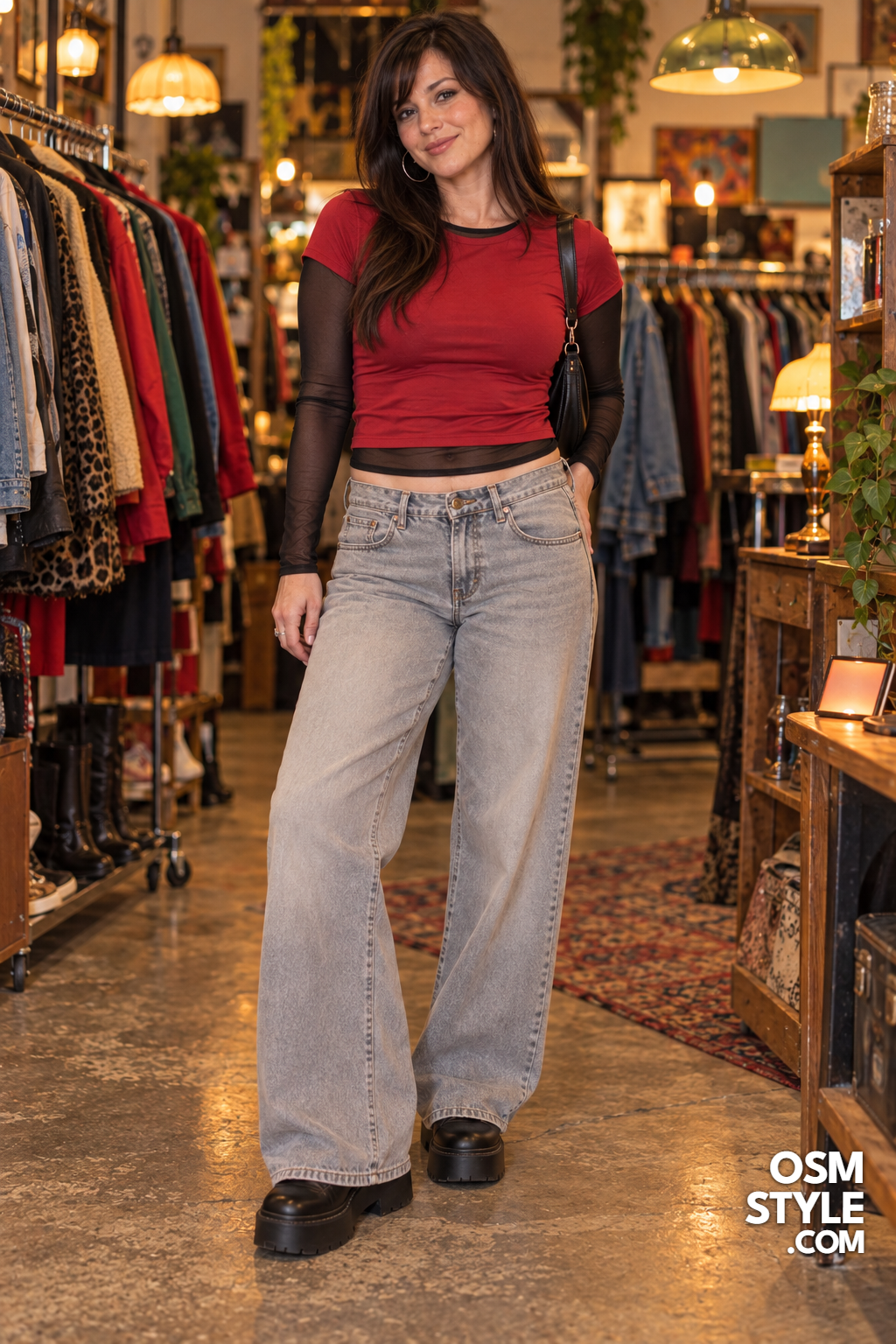 17. Black Mesh Top Layered Under Red Baby Tee