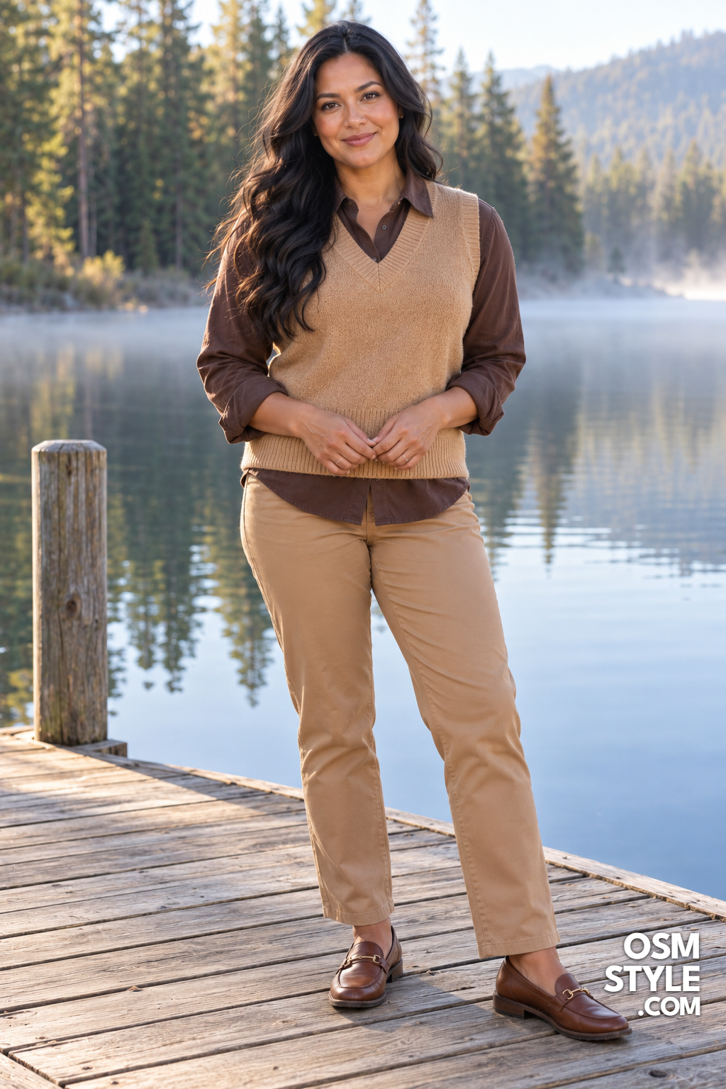 17. Camel Sweater Vest Over Chocolate Shirt