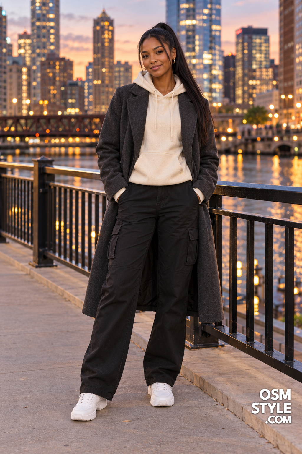 17. Charcoal Coat Over a Cream Hoodie