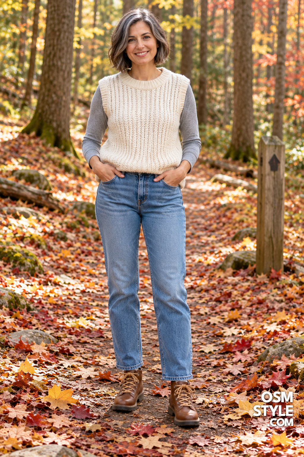 17. Chunky Cream Sweater Vest And Jeans