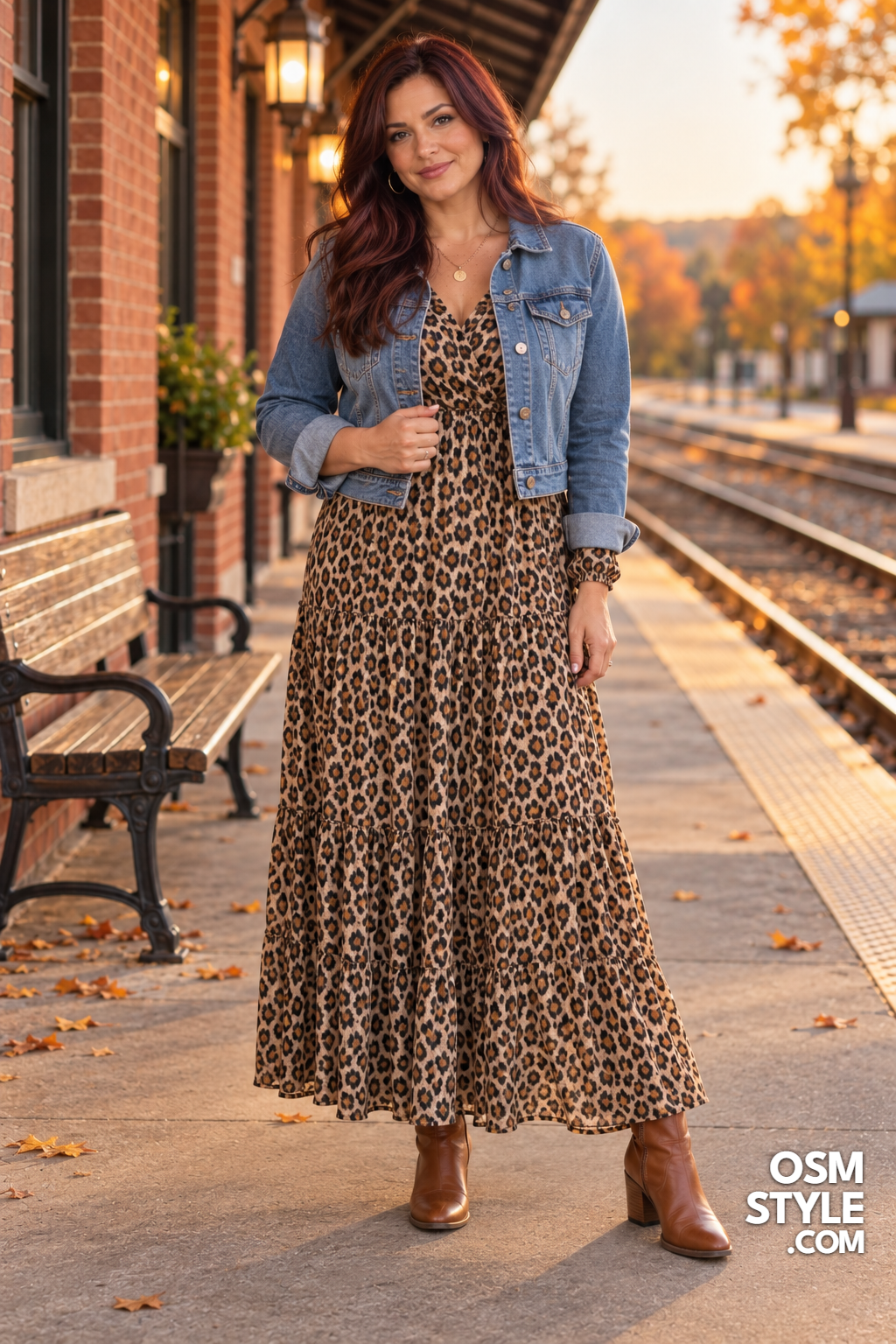 17. Denim Jacket Layered Over a Leopard Maxi