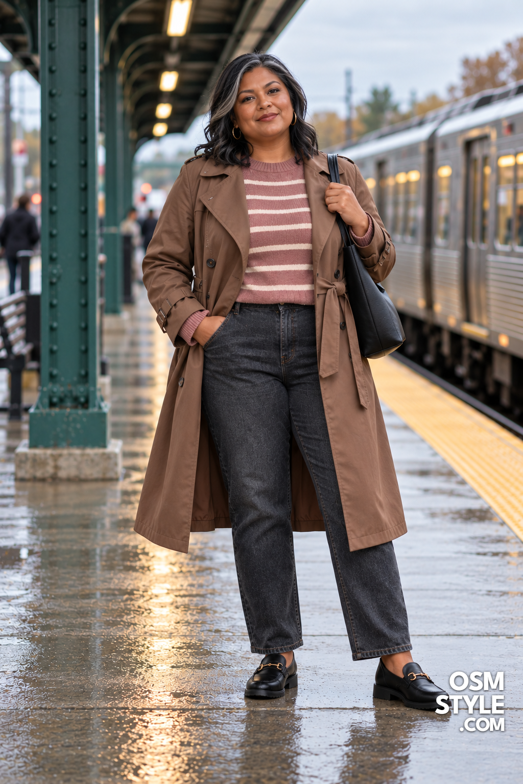17. Mocha Trench Coat Over Striped Knit