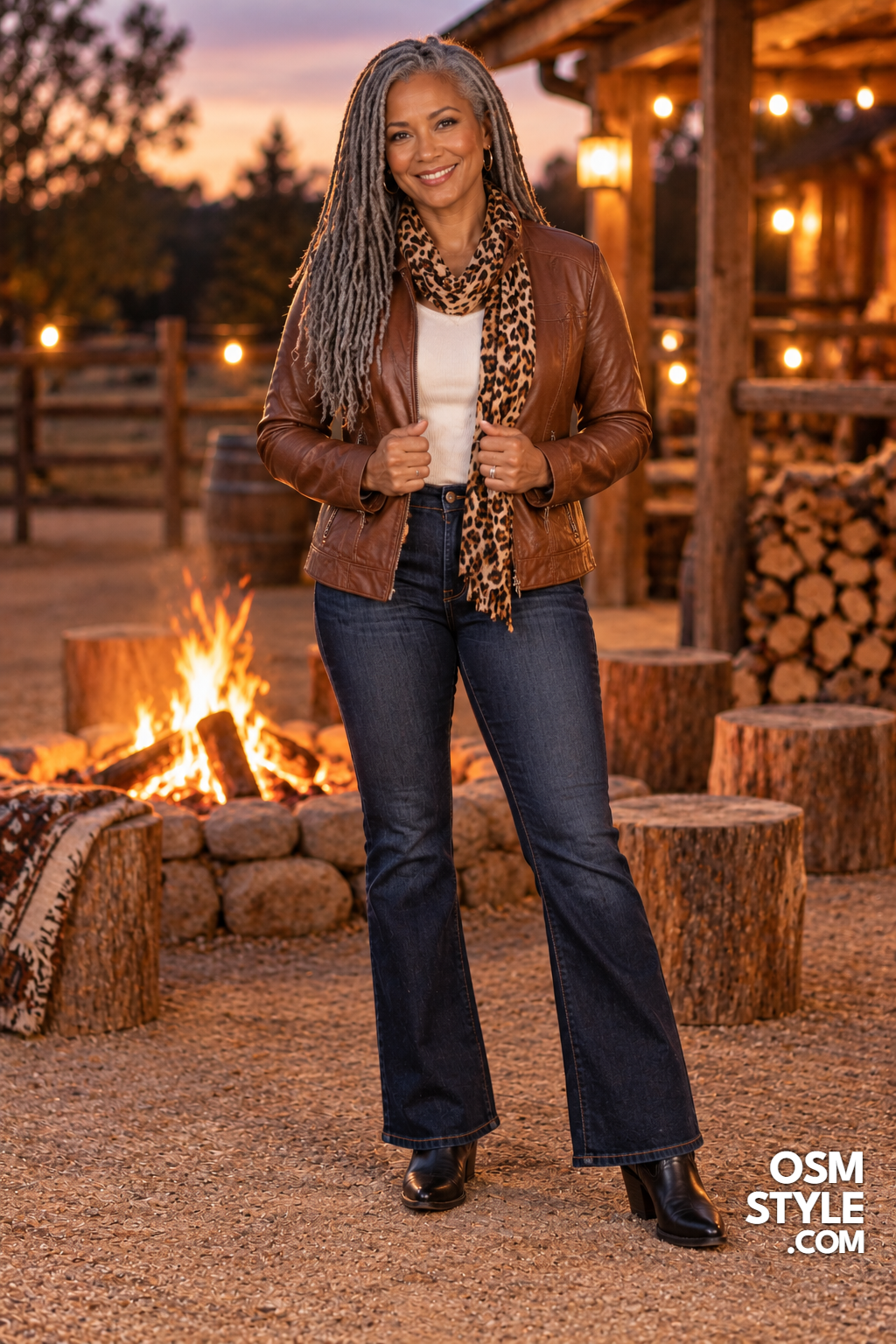 17.Brown Leather Jacket With Leopard Scarf
