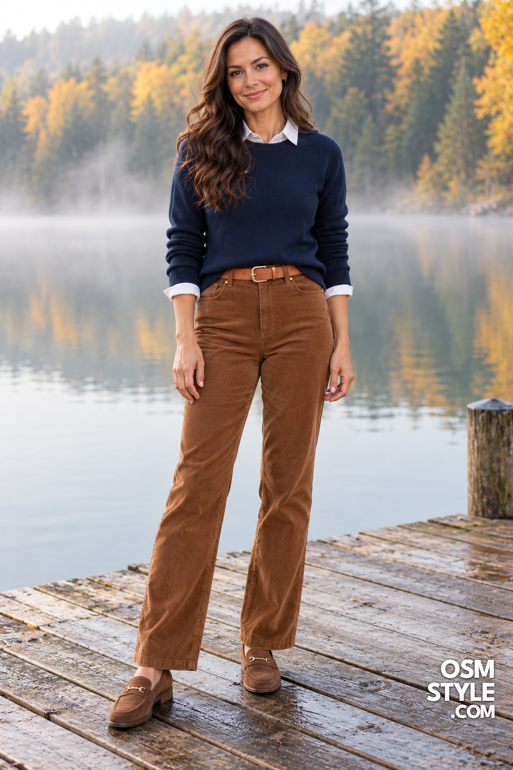 17.Caramel Corduroy Pants, Navy Sweater