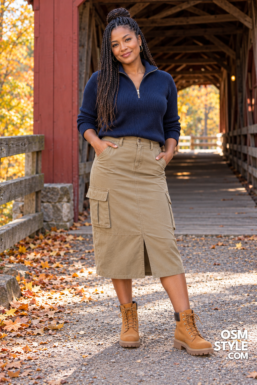 17.Khaki Cargo Midi With Navy Quarter Zip