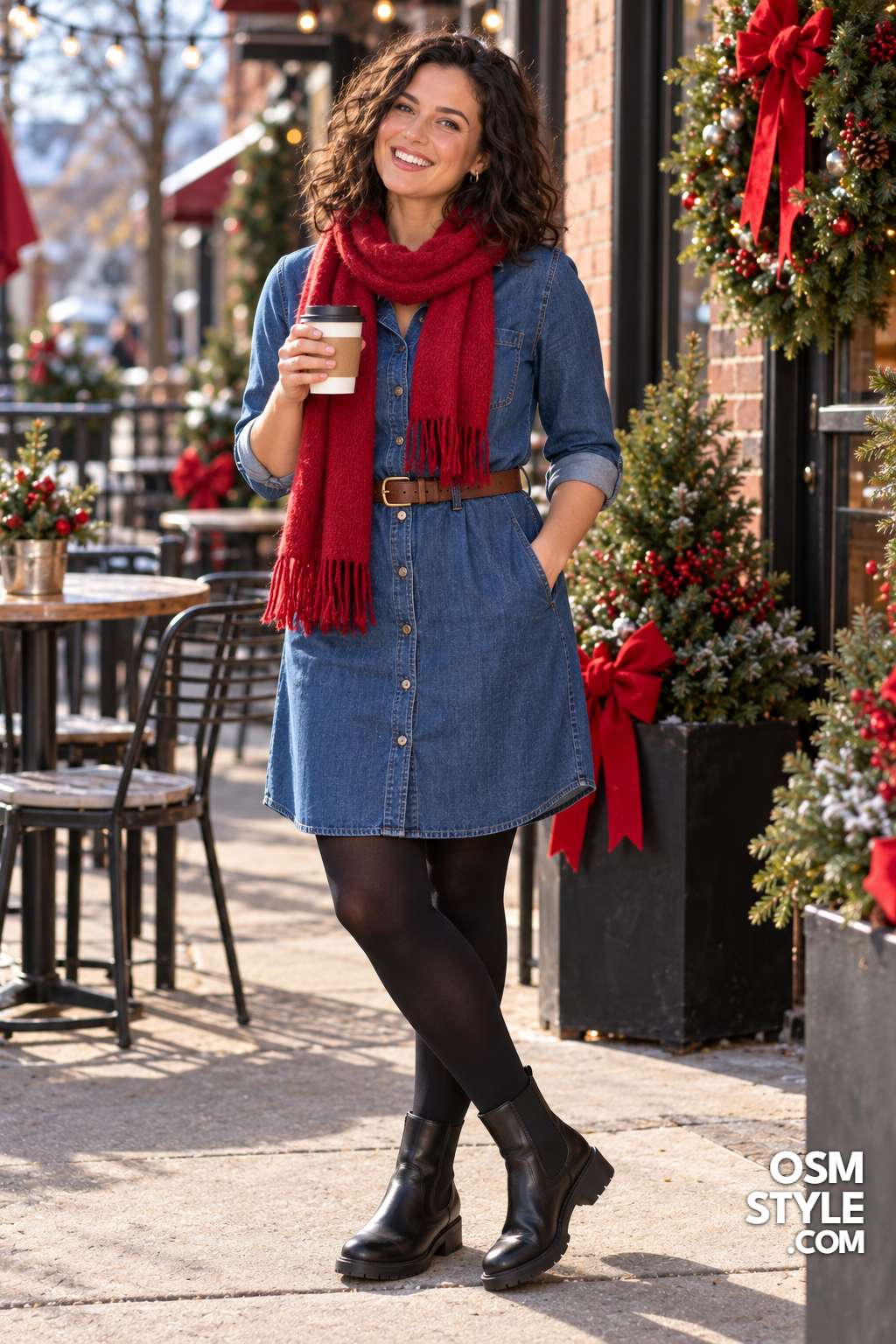18. Denim Shirt Dress With Red Scarf