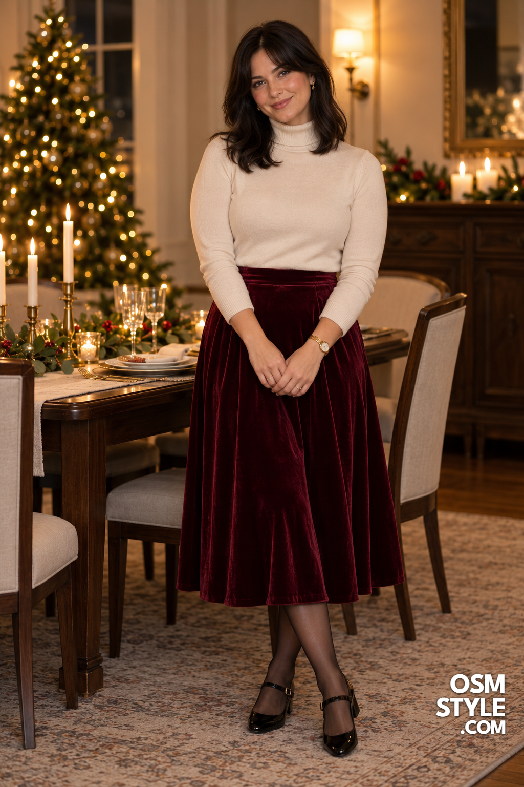 18. Burgundy Velvet Skirt And Cream Turtleneck