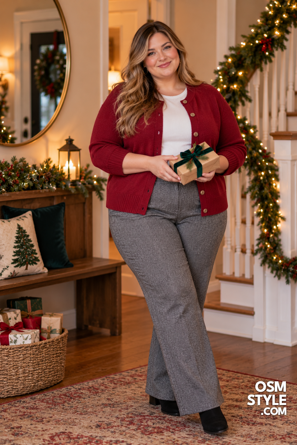 18. Cranberry Cardigan with Gray Trousers