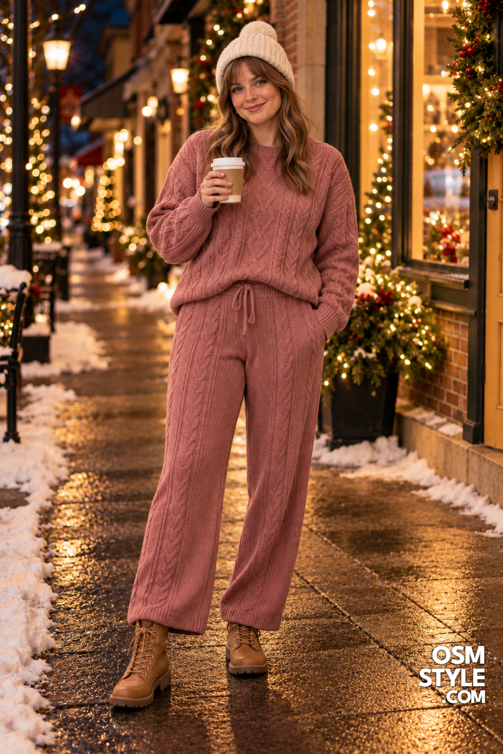 18. Dusty Rose Knit Set With Tan Lace Up Boots
