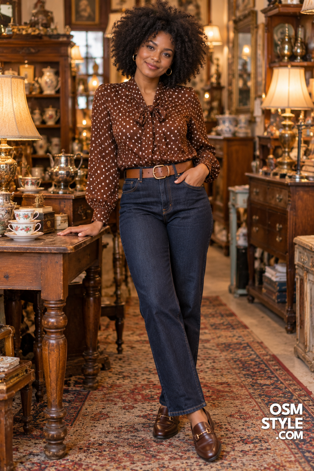 18. Polka Dot Blouse With Dark Denim