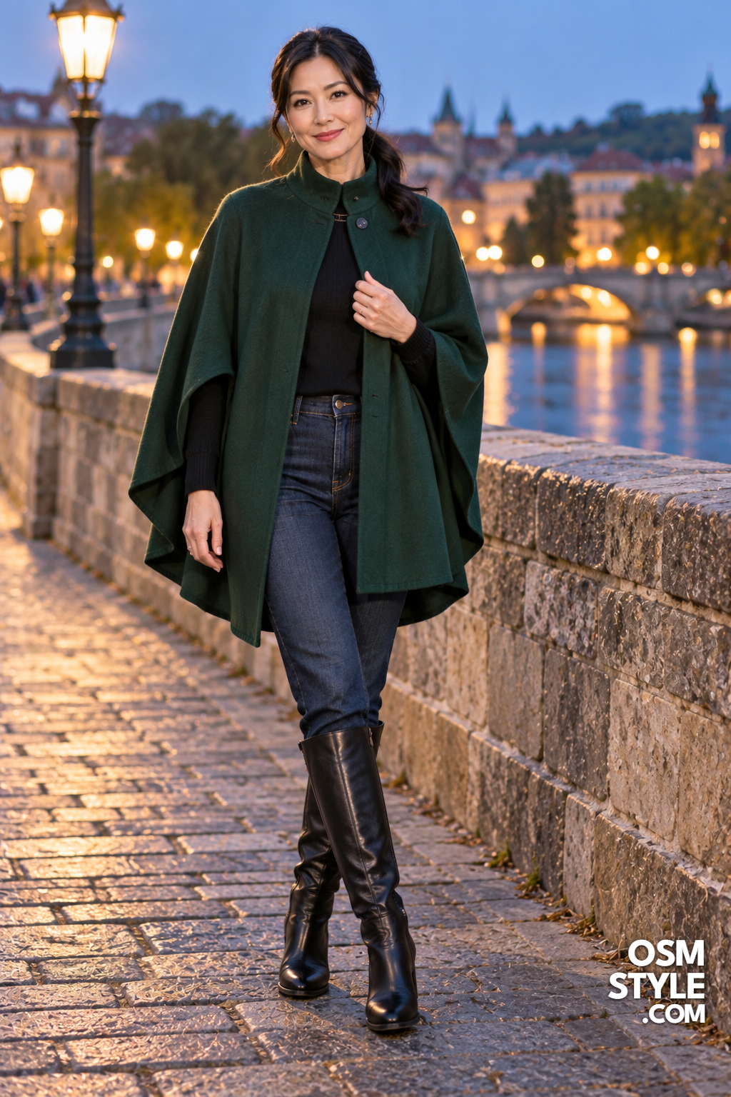 18.Forest Green Cape Over Dark Jeans