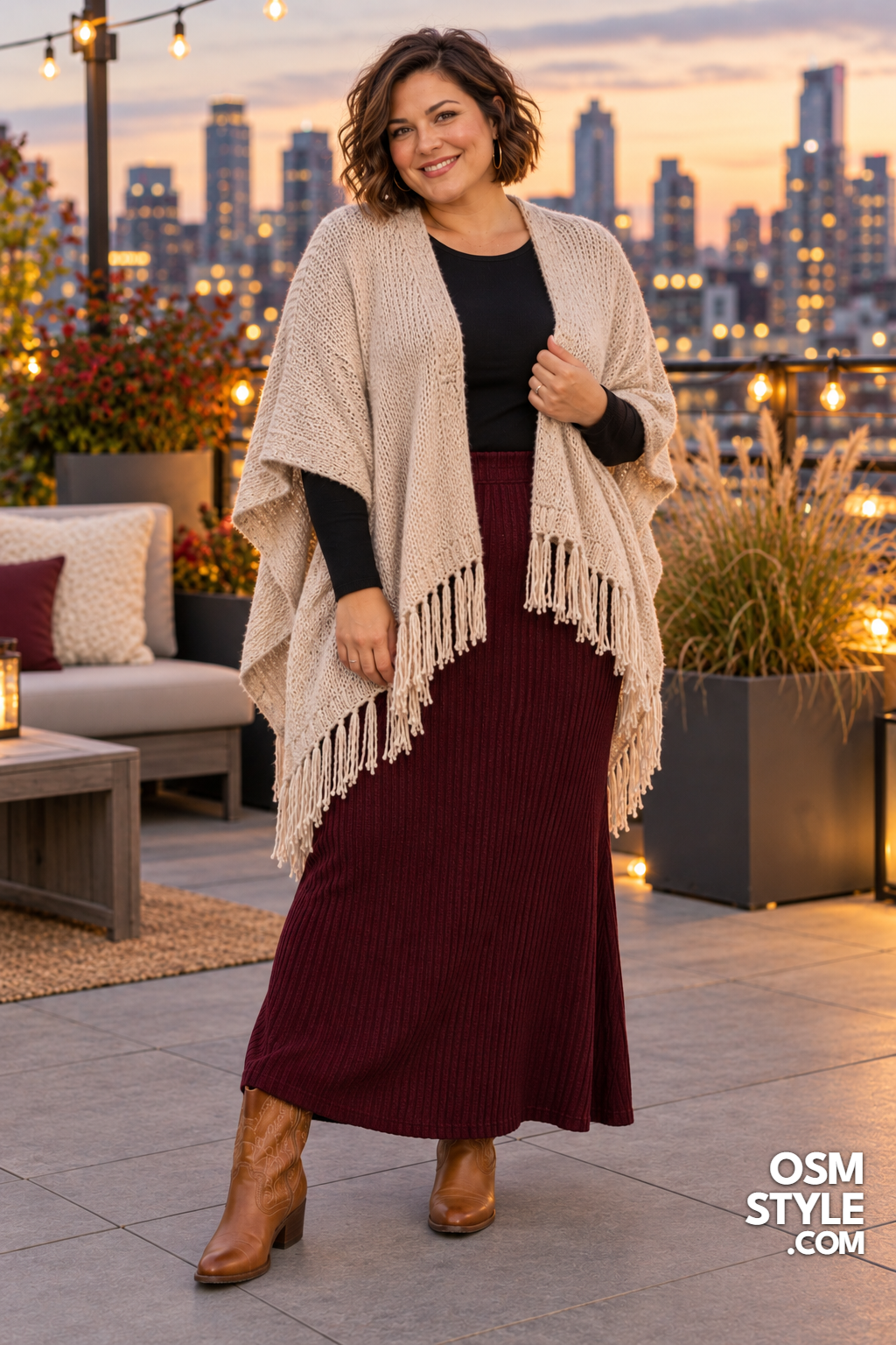 18.Oatmeal Poncho Over Burgundy Knit Maxi
