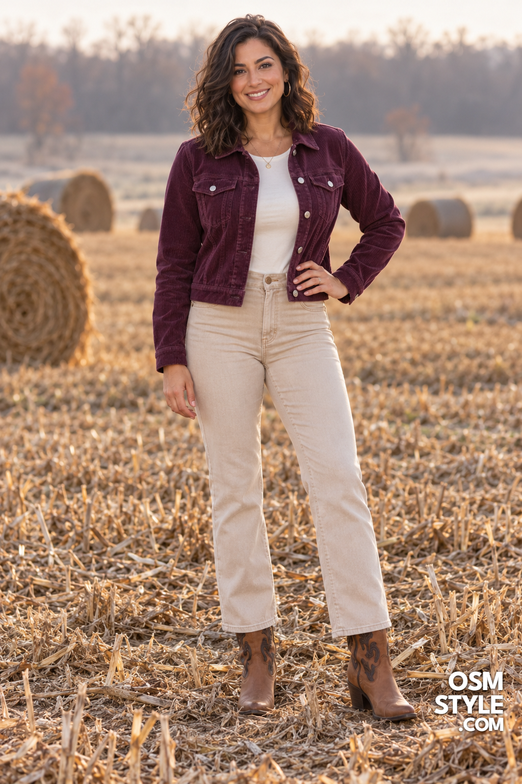 18.Plum Corduroy Jacket With Beige Jeans
