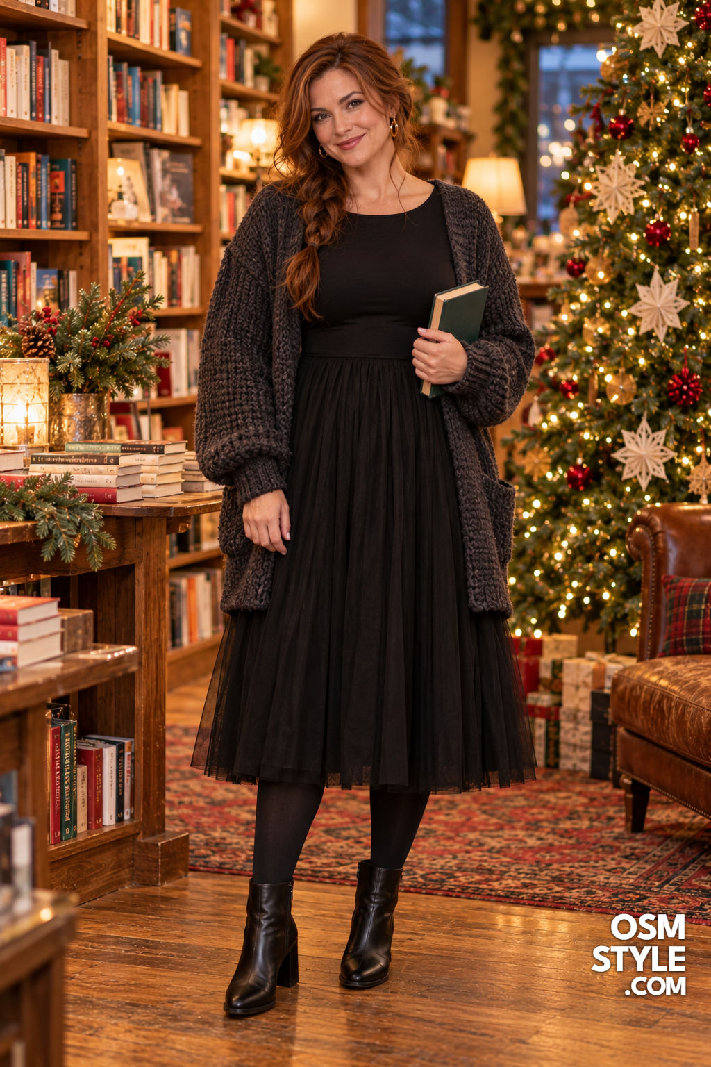 19. Black Tulle Midi With Chunky Cardigan