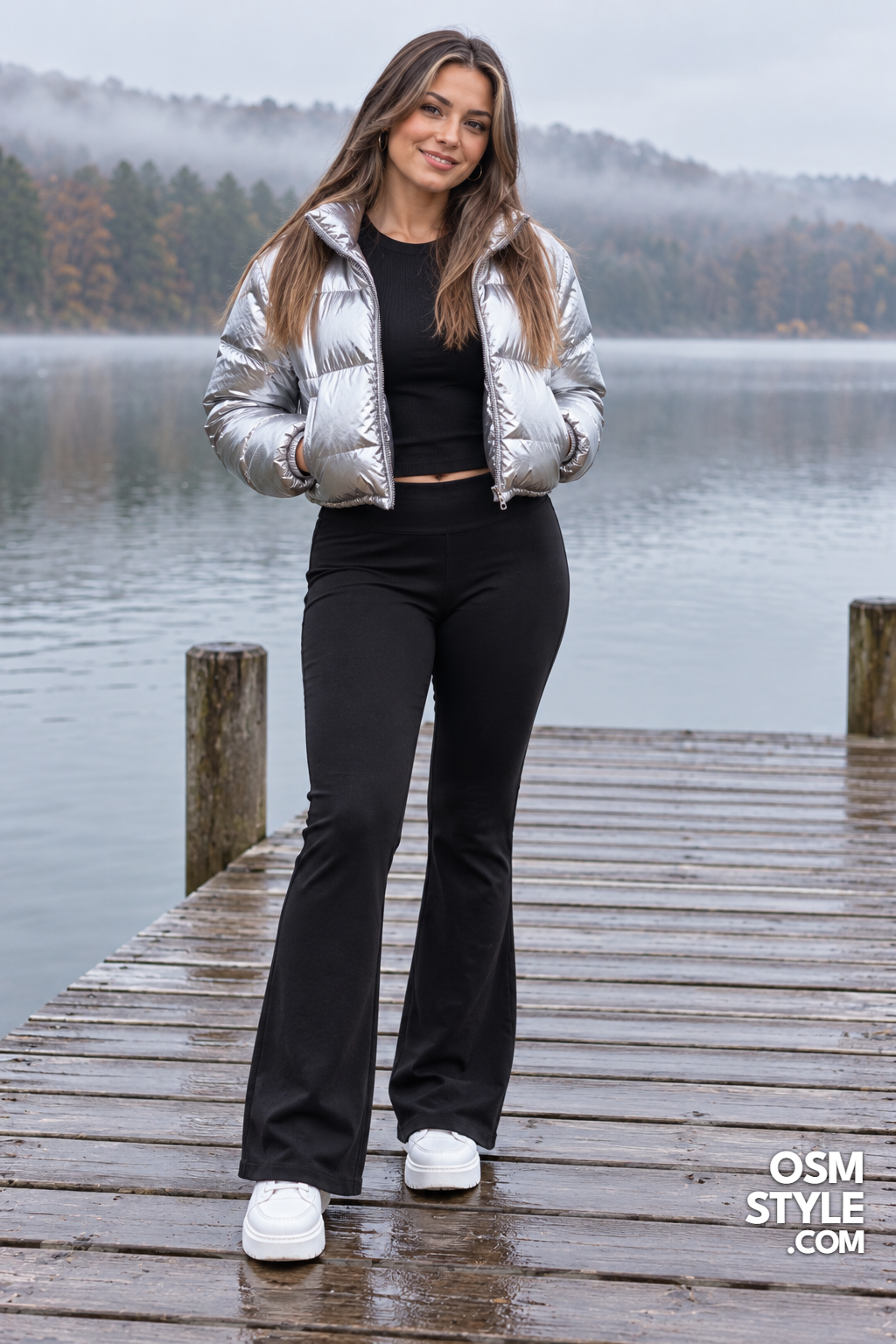 19. Cropped Silver Puffer With Black Flare Pants