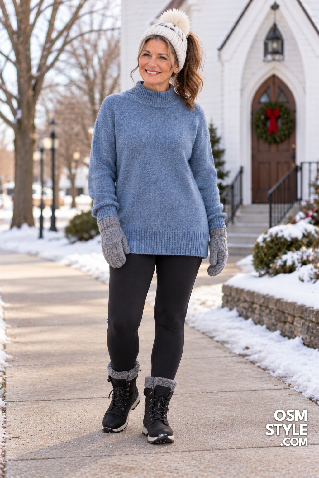 19. Dusty Blue Sweater and Winter Hat Look