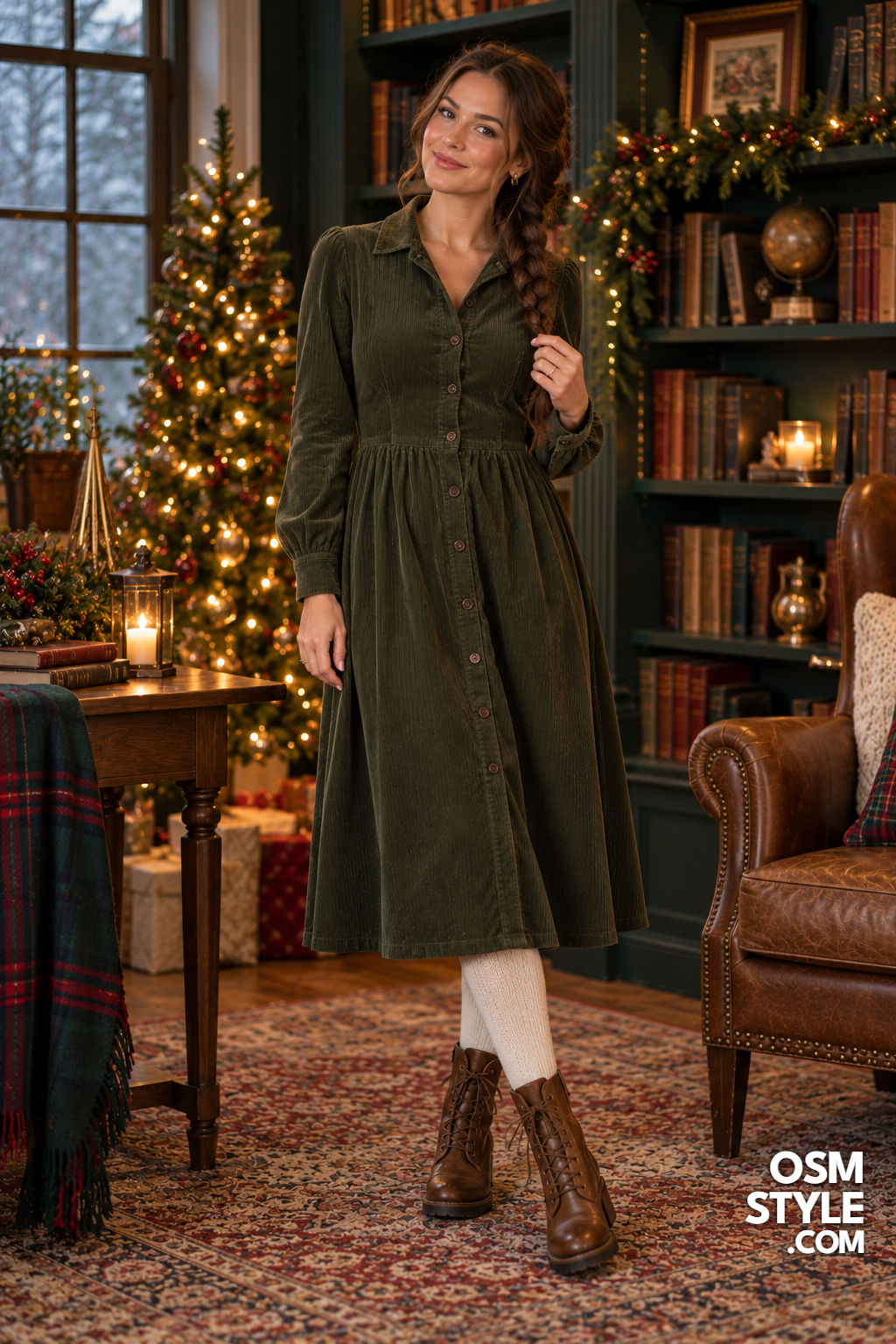 19. Olive Corduroy Dress With Cream Tights
