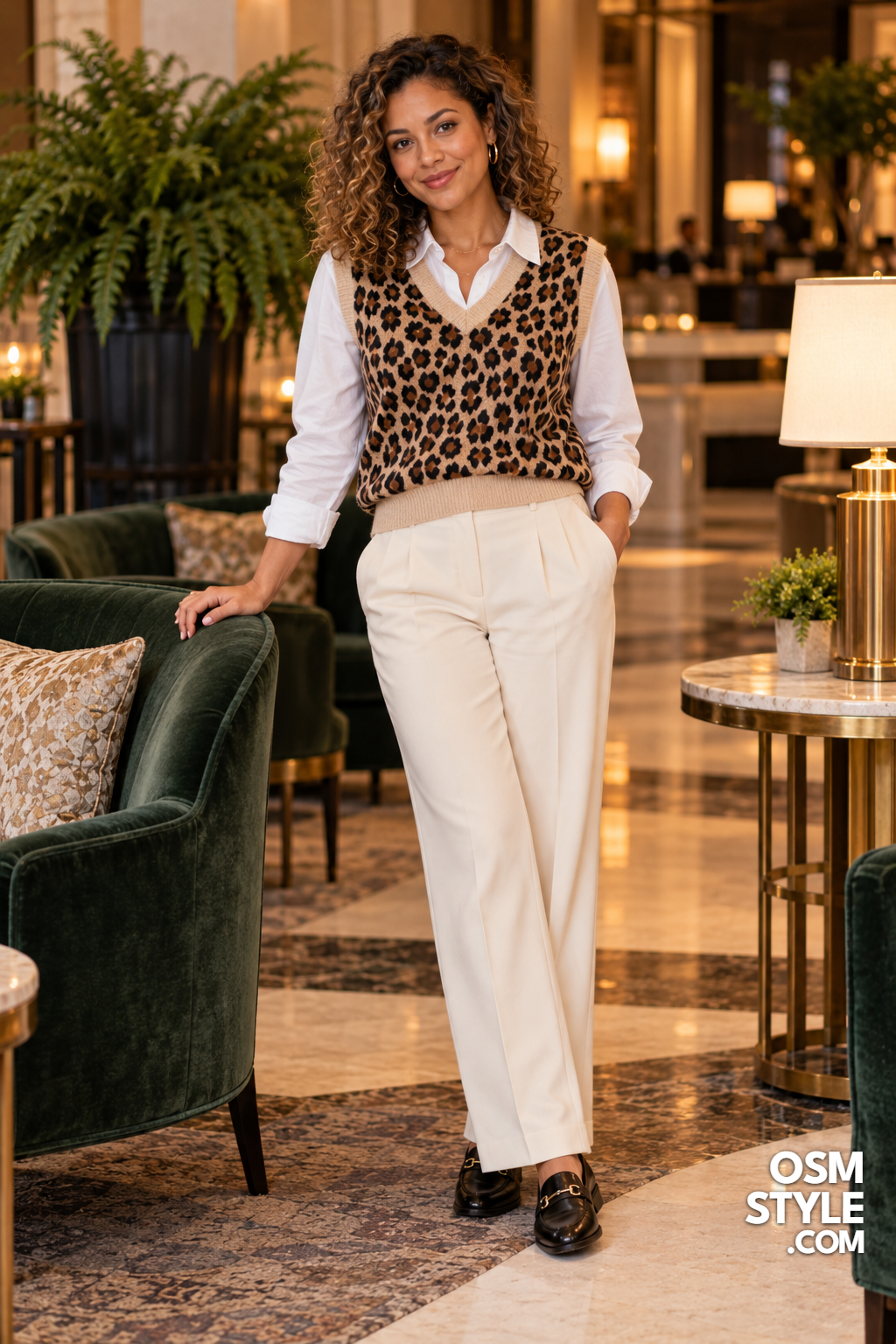 19. Preppy Leopard Sweater Vest and Cream Trousers