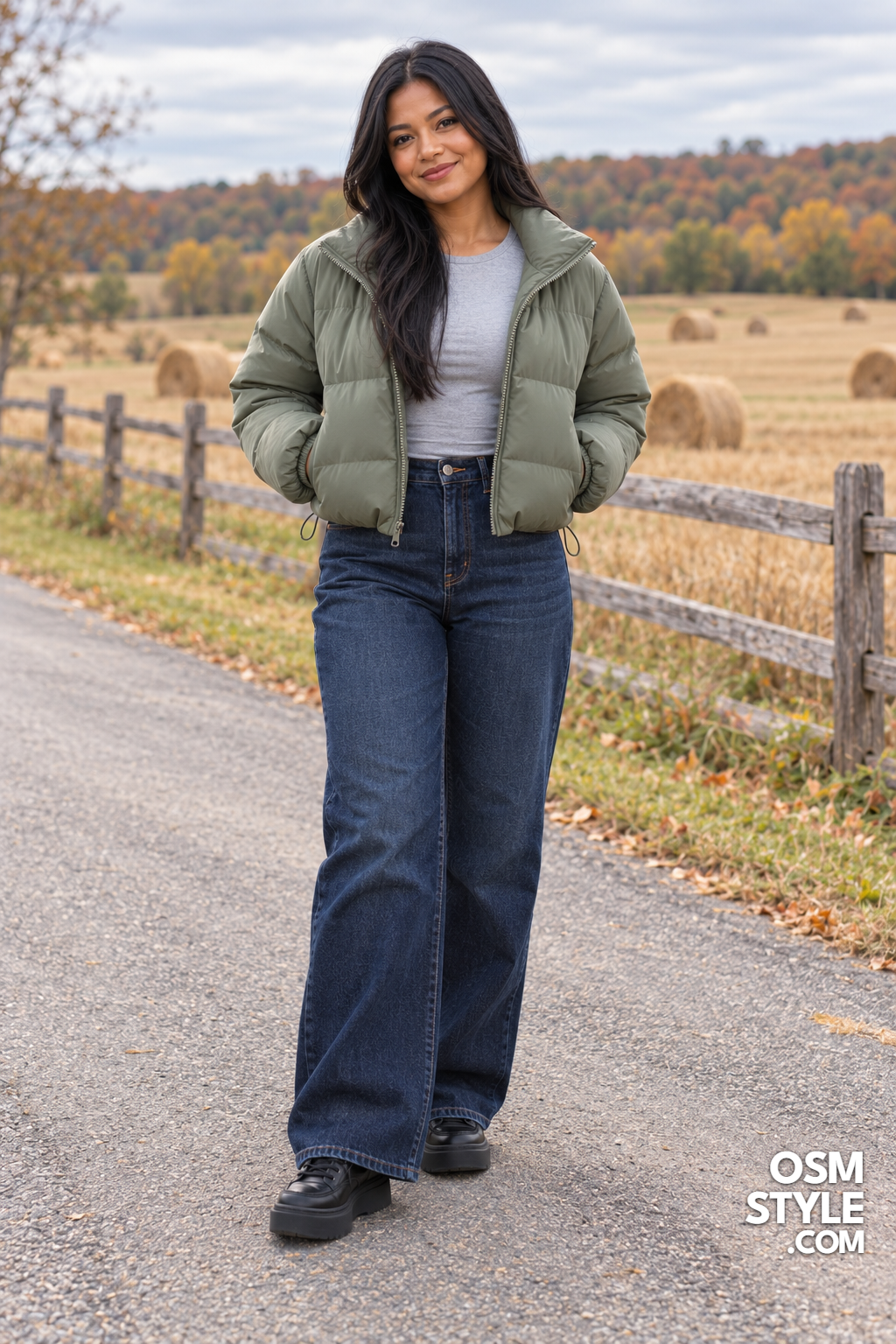 19. Sage Puffer With Dark Wide Leg Jeans