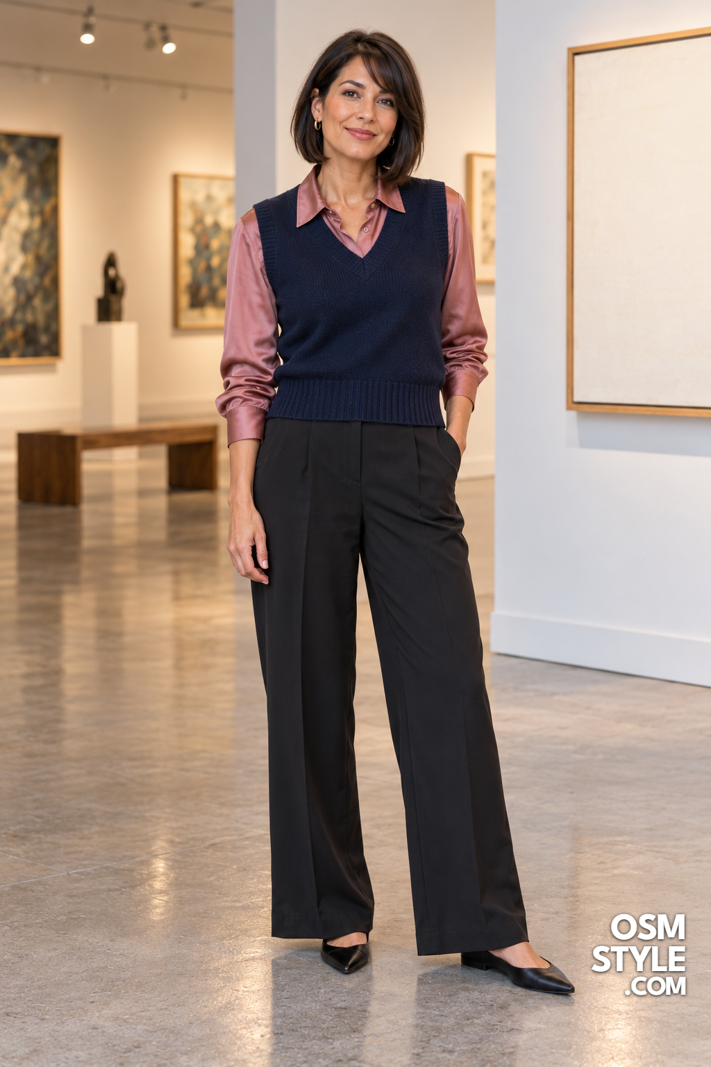 19. Satin Shirt Under a Navy Knit Vest
