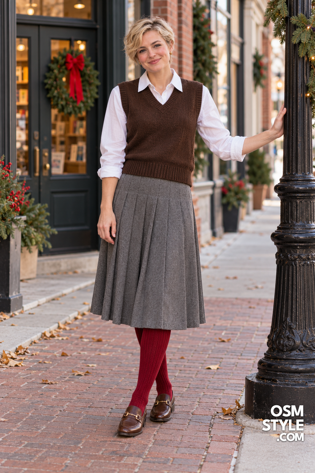 19. Sweater Vest With Pleated Skirt And Loafers