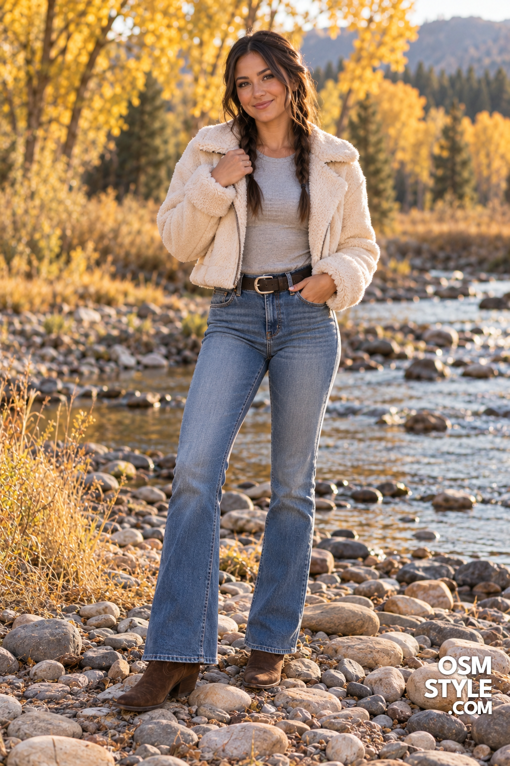 19.Cropped Shearling Jacket With Bootcut Jeans