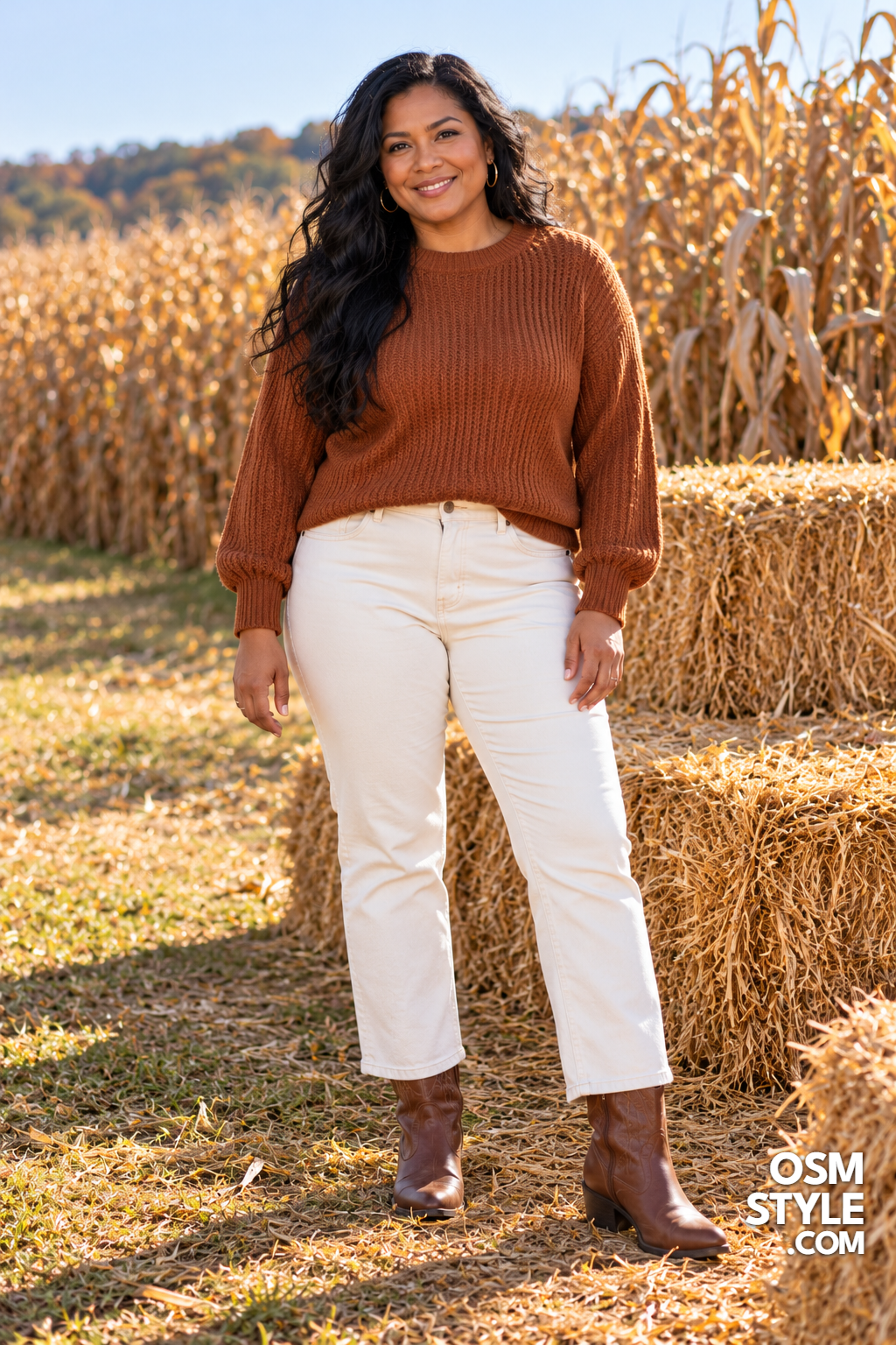 19.Ivory Jeans With a Cinnamon Sweater