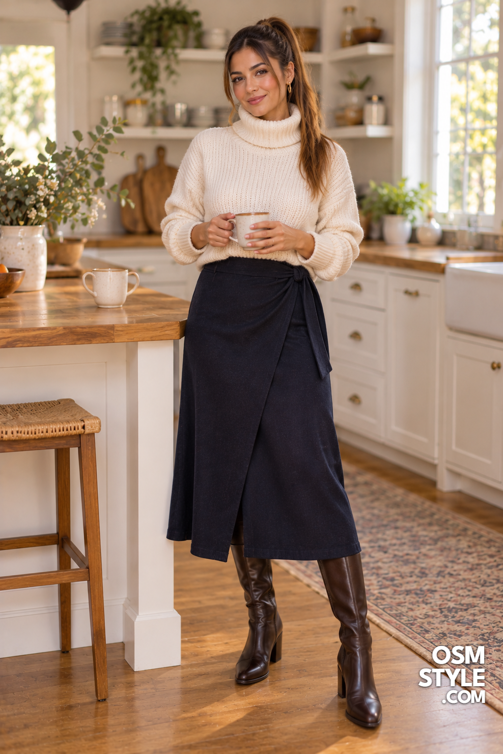 19.Navy Wrap Skirt With Cream Turtleneck